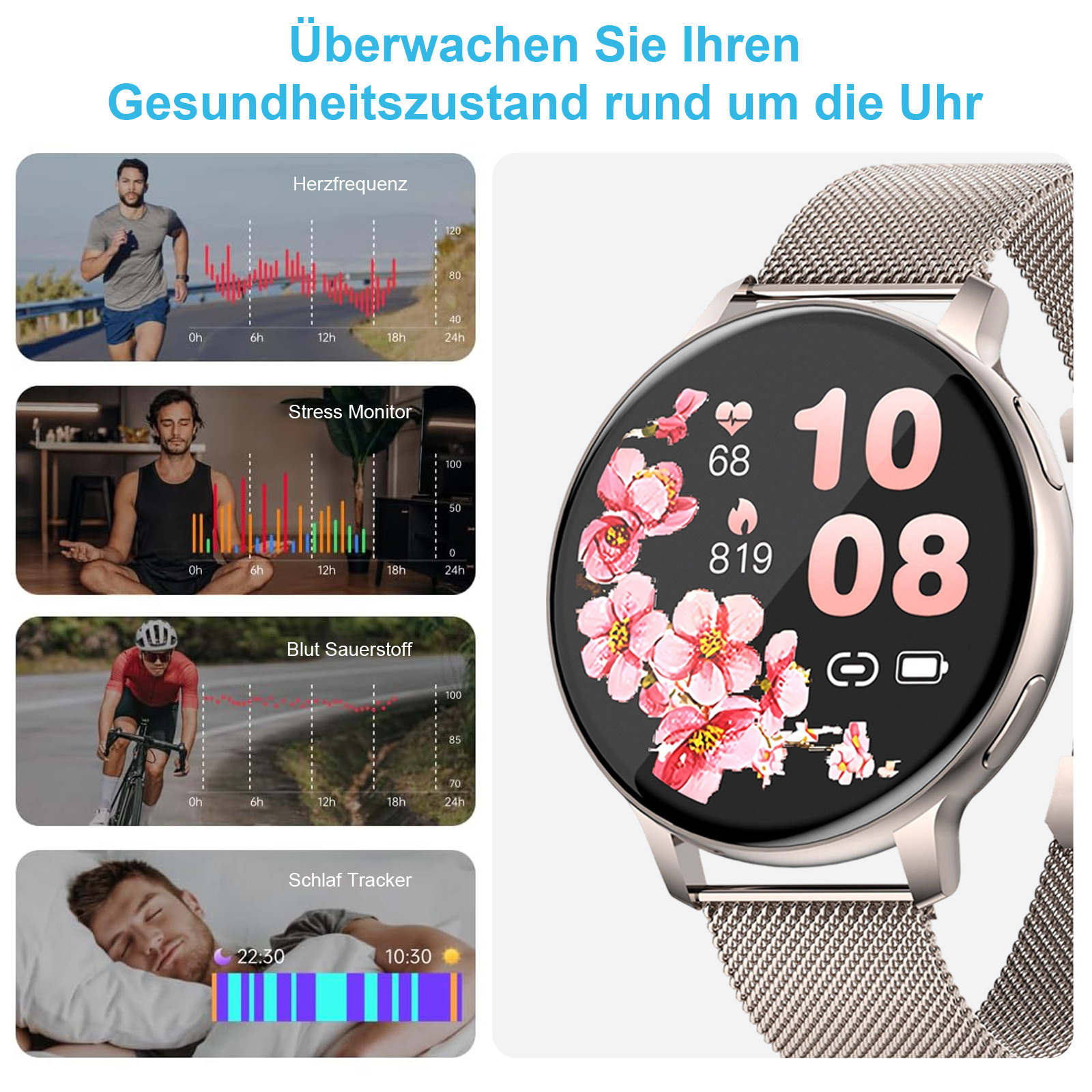 Eine Smartwatch mit Gesundheitsüberwachungsfunktionen, die Diagramme und Daten zu Gesundheitsmetriken anzeigt.