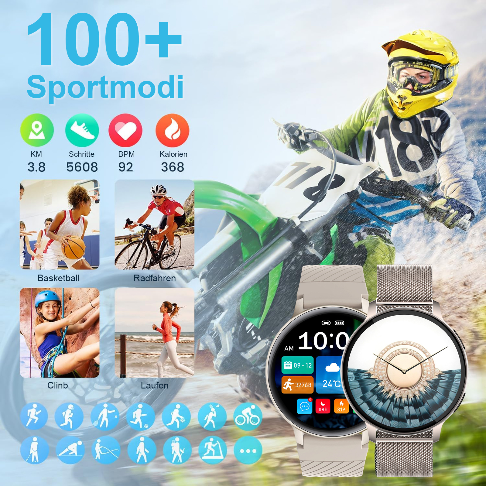 Eine Smartwatch mit verschiedenen Sportmodi mit einem Biker im Hintergrund. Zeigt Daten und Aktivitätssymbole an.