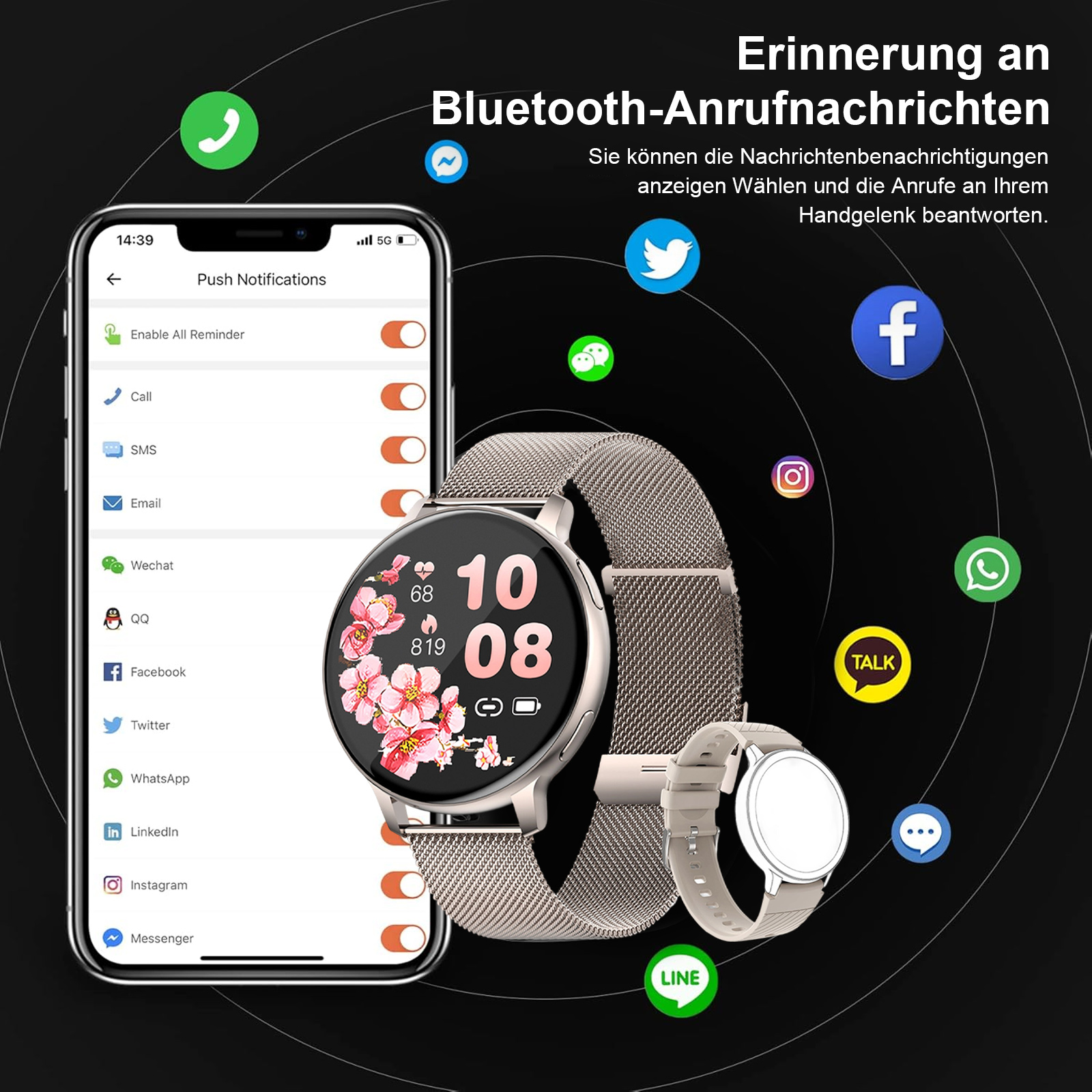 Eine Smartwatch am Handgelenk mit einem Telefon, das Benachrichtigungen anzeigt, einschließlich App-Symbolen. Der Hintergrund ist dunkel.