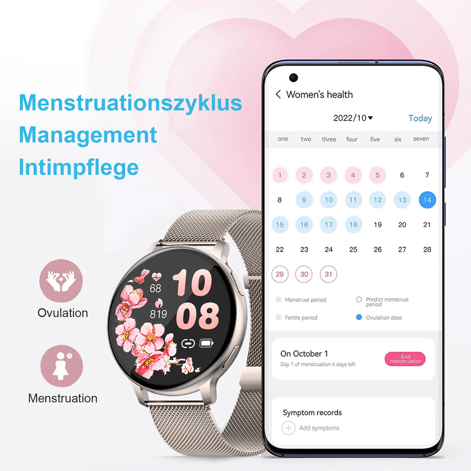 Eine Smartwatch, die eine Menstruationszyklus-Tracking-App mit Gesundheitsmetriken und Informationen anzeigt.