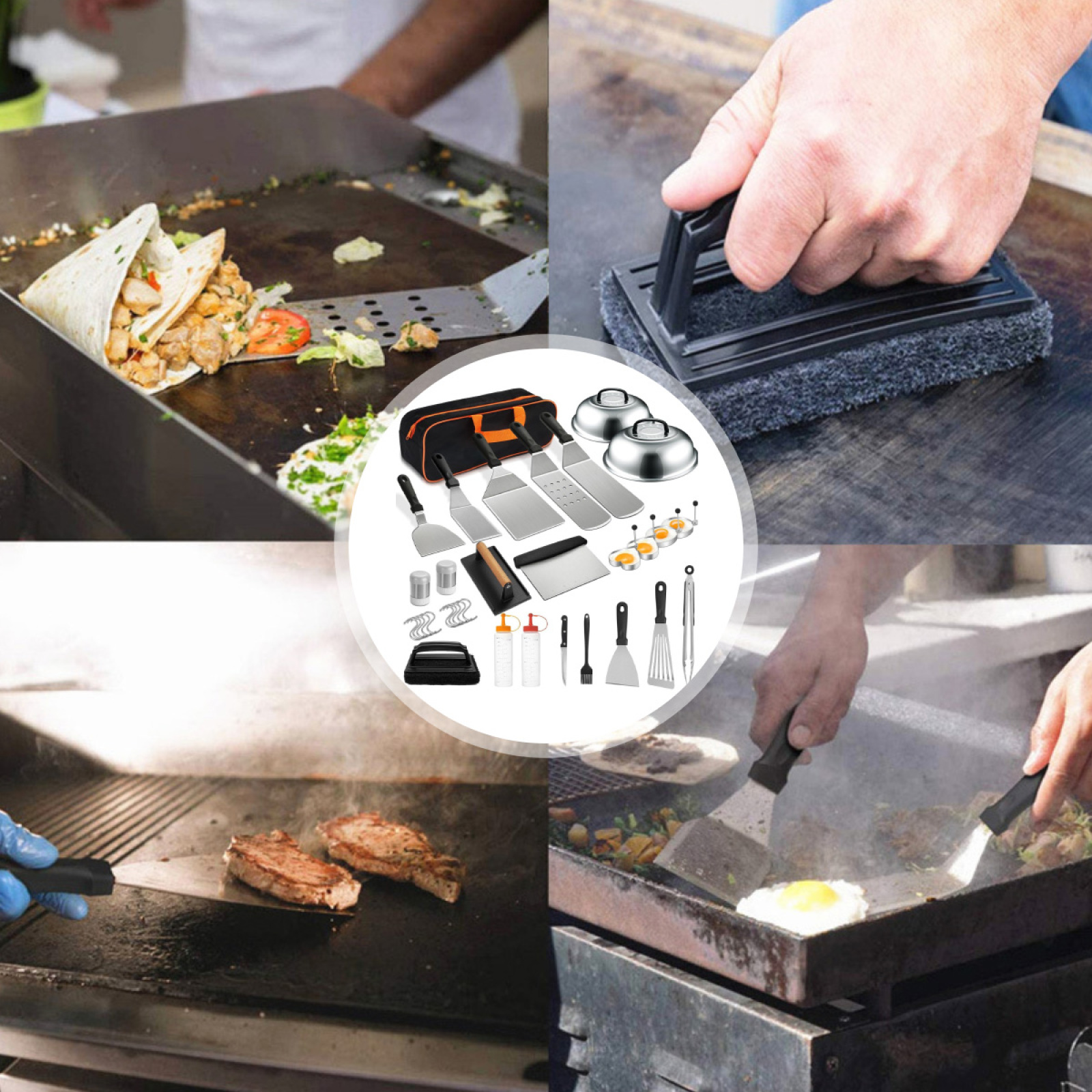 Mehrere Bilder vom Grillen mit Werkzeugen. Enthält Spatel, Zangen und das Kochen von Speisen auf einem Grill.