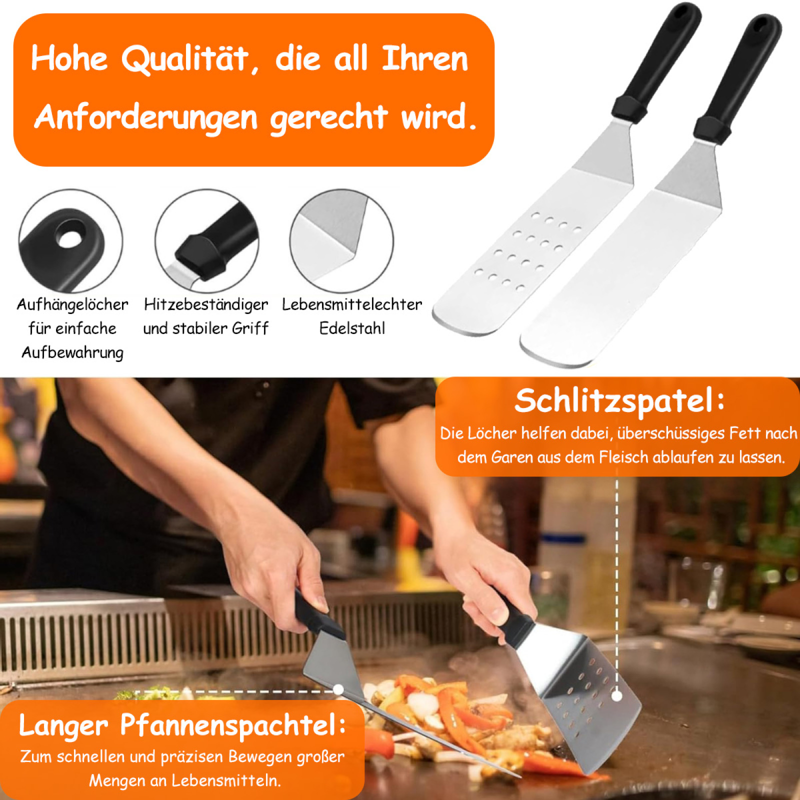 Das Bild zeigt einen Pfannenwender und einen Schlitzpfannenwender mit deutschem Text, der ihre Funktionen und Verwendungen beschreibt.