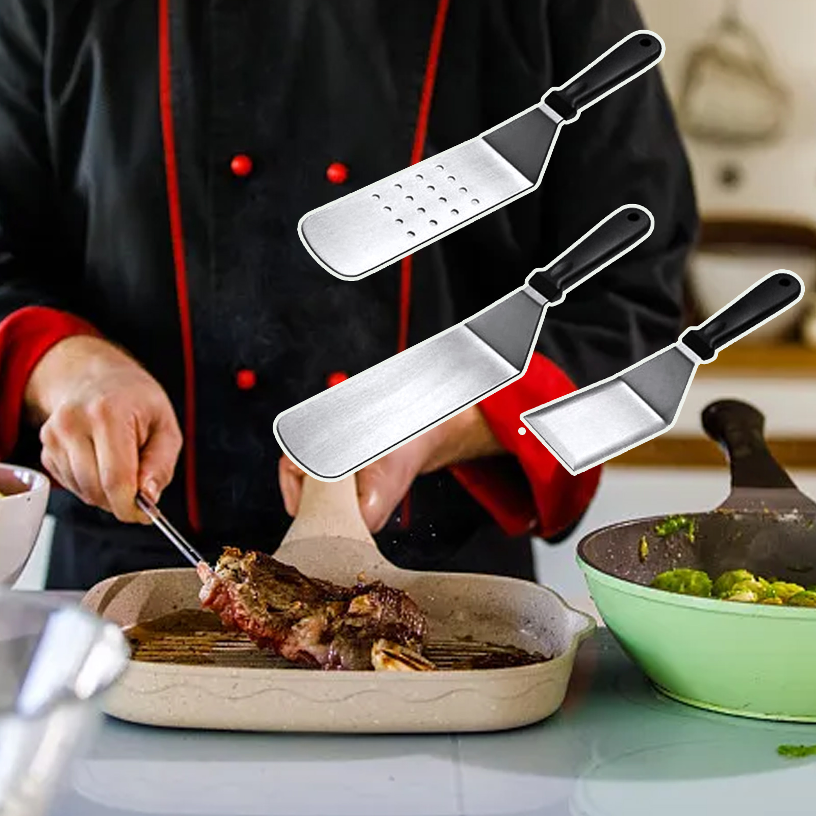 Ein Koch verwendet Grillwerkzeuge. Zu den Werkzeugen gehören Spatel, und der Koch grillt Essen.