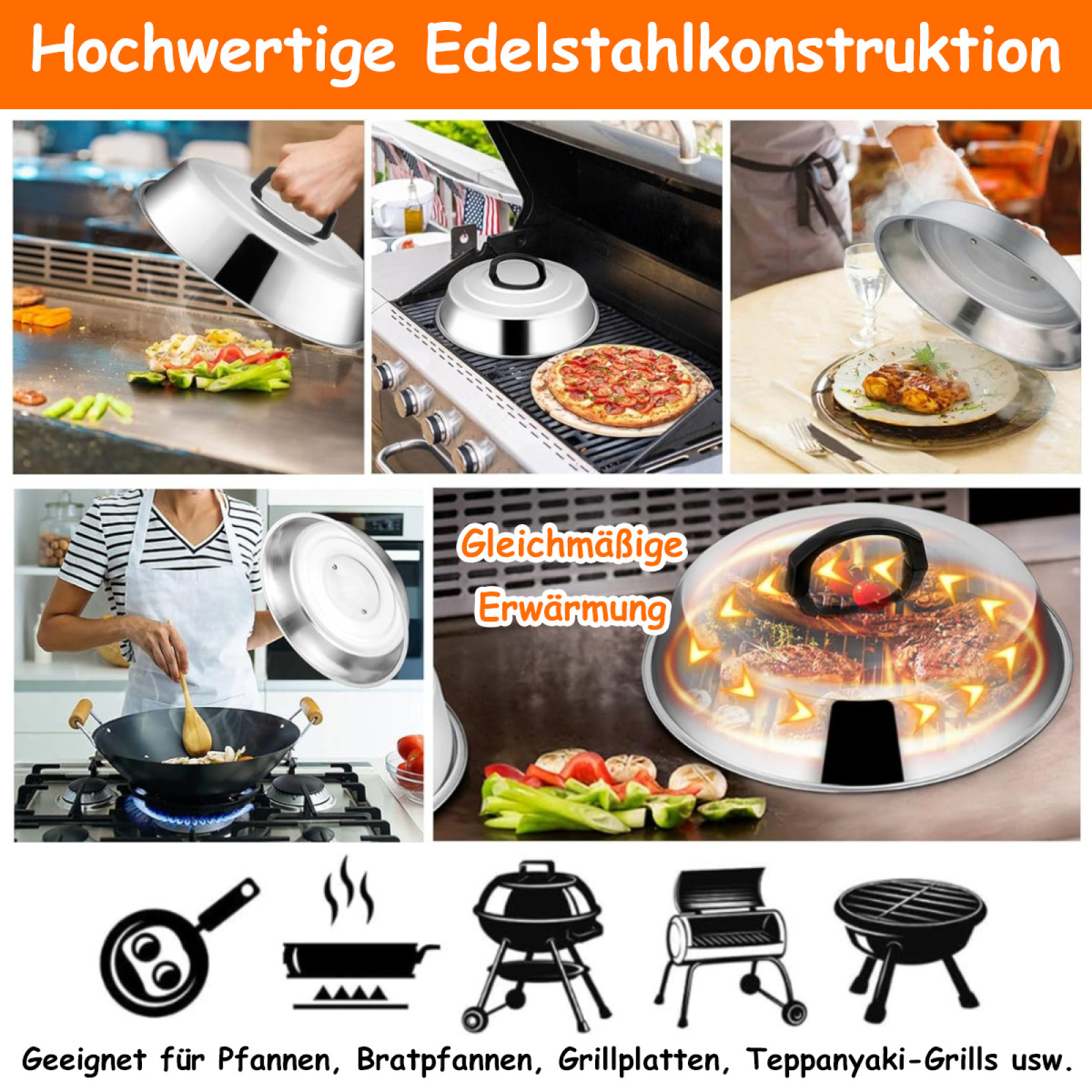 Mehrere Bilder zeigen Edelstahl-Deckel auf Grills, Pfannen und einem Wok. Text beschreibt die Konstruktion und Funktion.