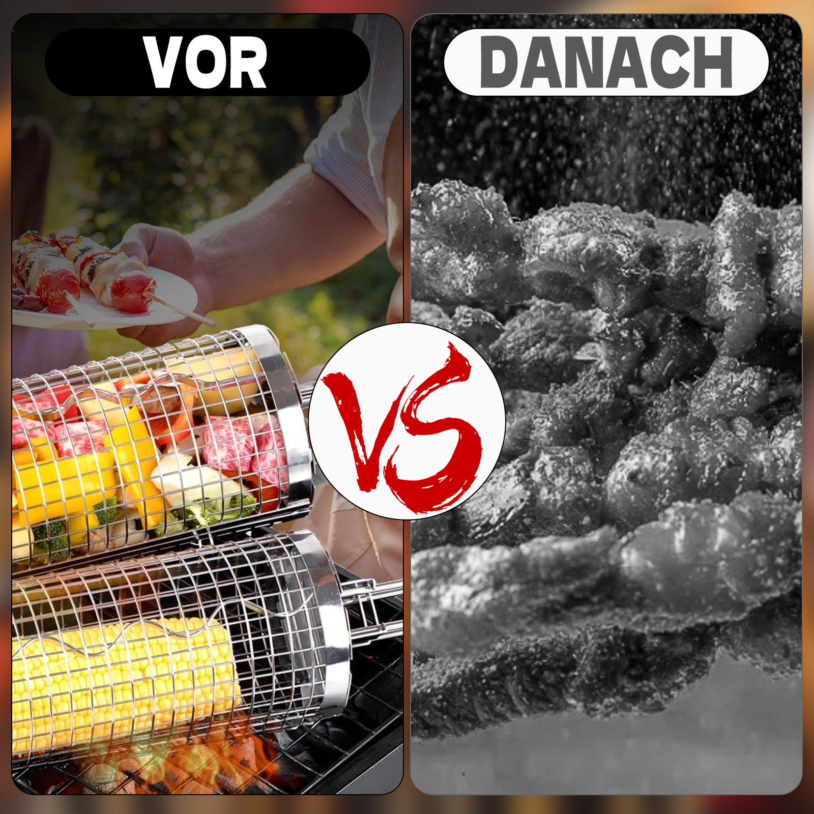 Bild zeigt einen Grill mit Gemüse und Mais vor dem Kochen, dann eine Nahaufnahme von gekochtem Fleisch, ein 'VS'-Symbol in der Mitte.