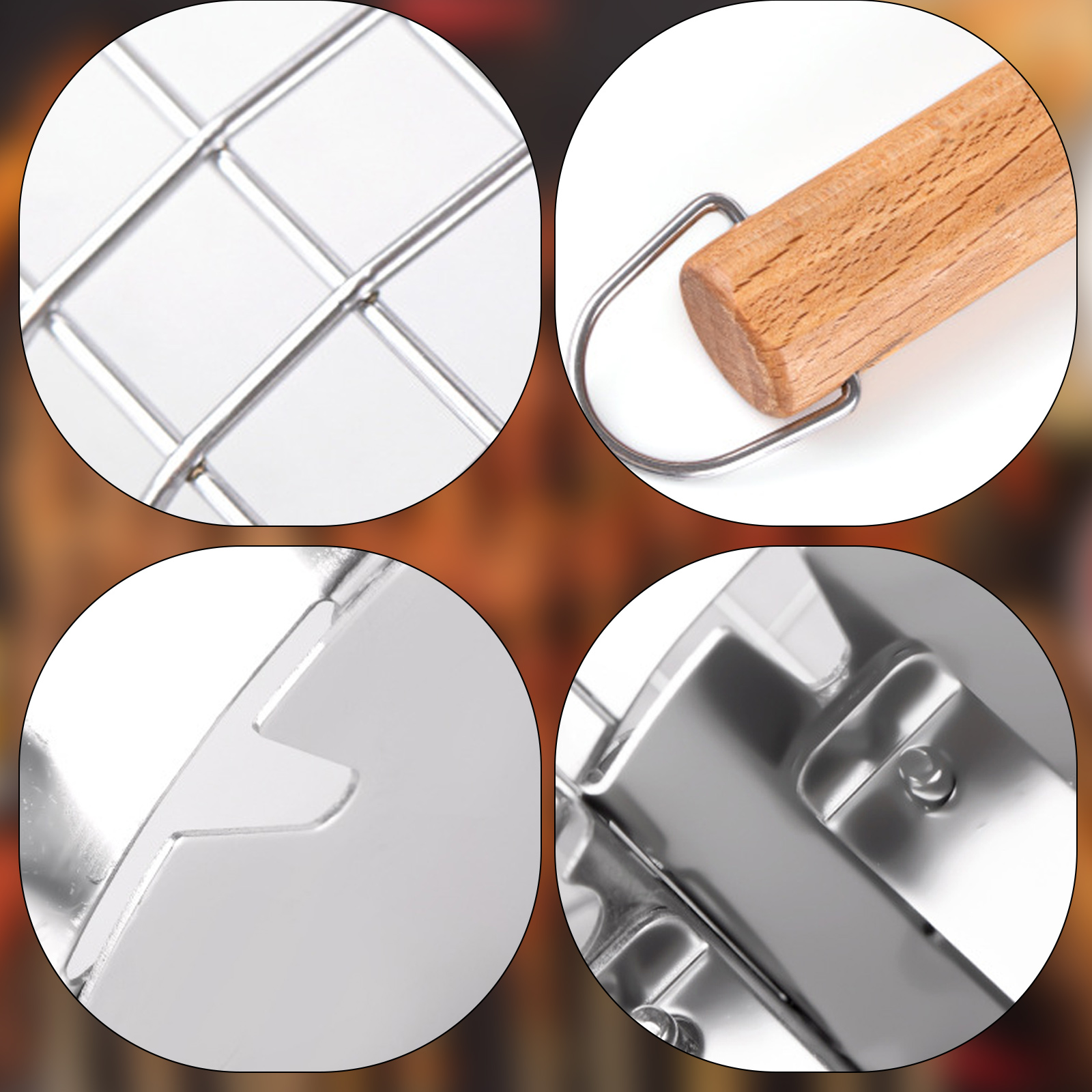 Nahaufnahmen eines Grillkorbs. Details umfassen das Metallgitter, den Holzgriff und den Verriegelungsmechanismus.