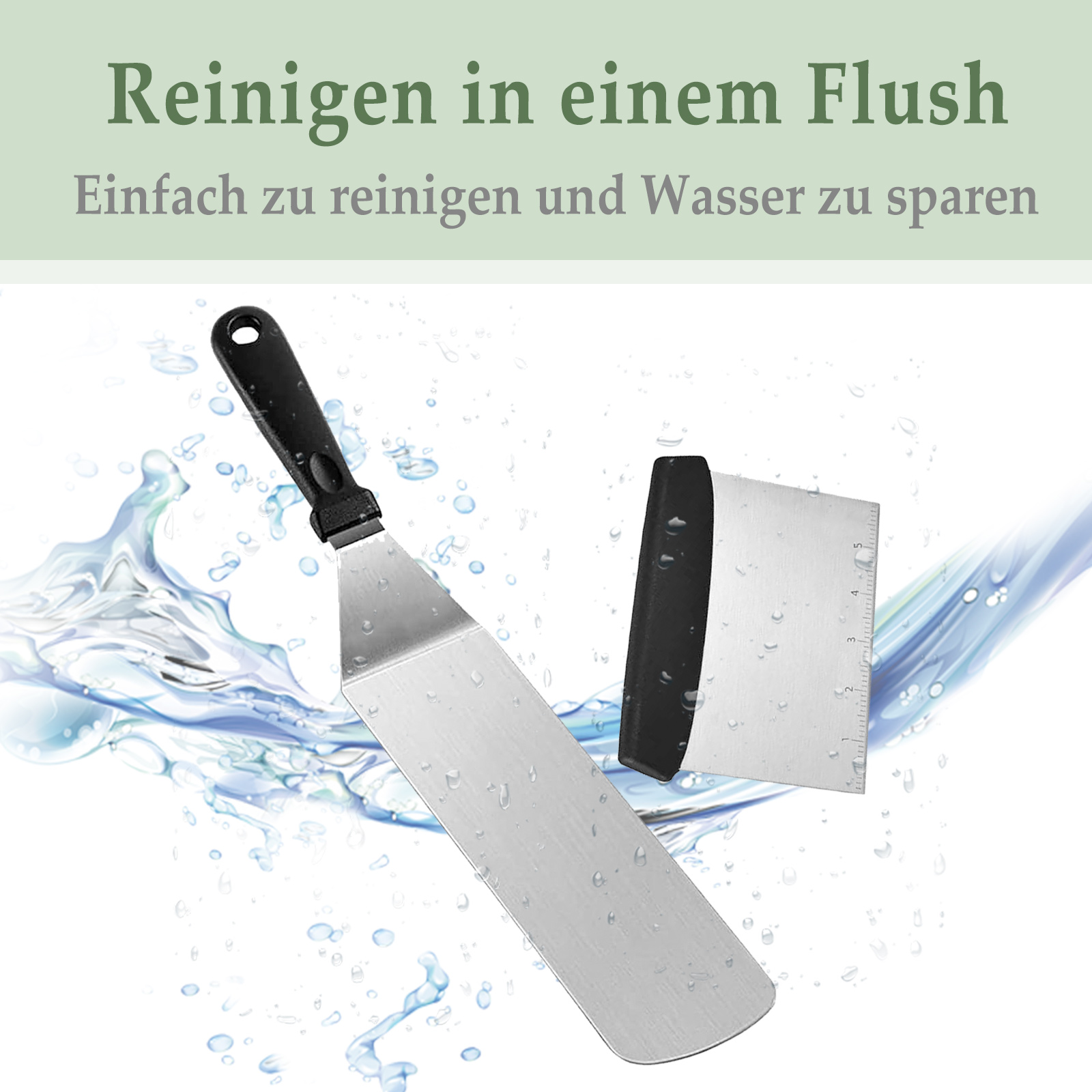 Das Bild zeigt zwei Edelstahl-Pfannenwender und einen Schaber. Text hebt Funktionen wie einfache Reinigung und Wassersparen hervor.