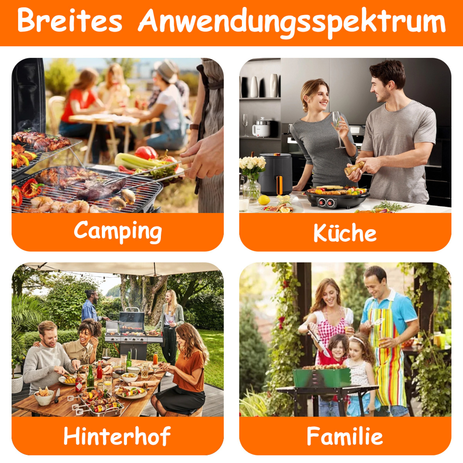Vier Szenen, die verschiedene Anwendungen eines Grills zeigen, darunter Camping, Küche, Garten und Familie.