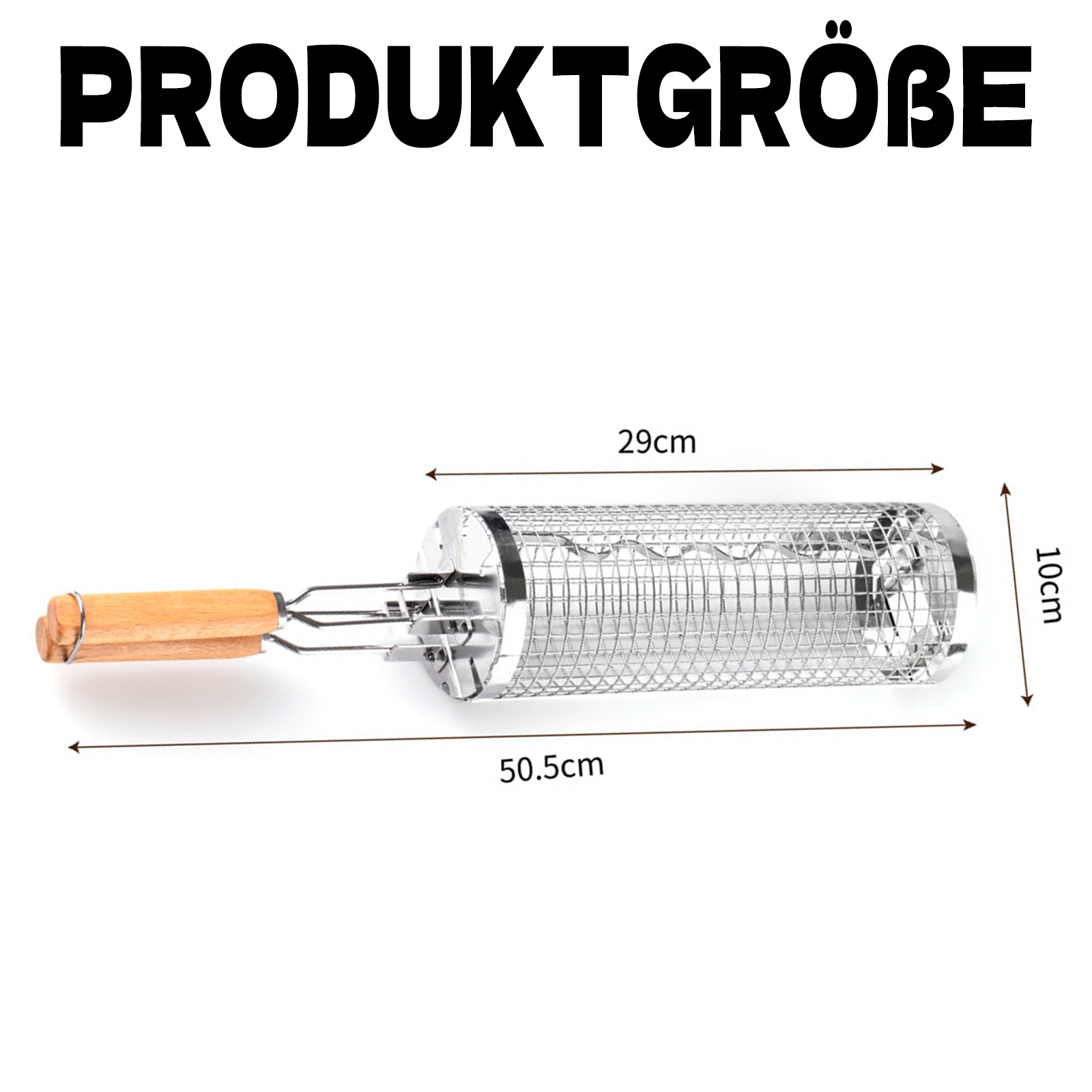 Ein zylindrischer Grillkorb mit beschrifteten Abmessungen. Er hat einen Holzgriff und ist aus Metall.