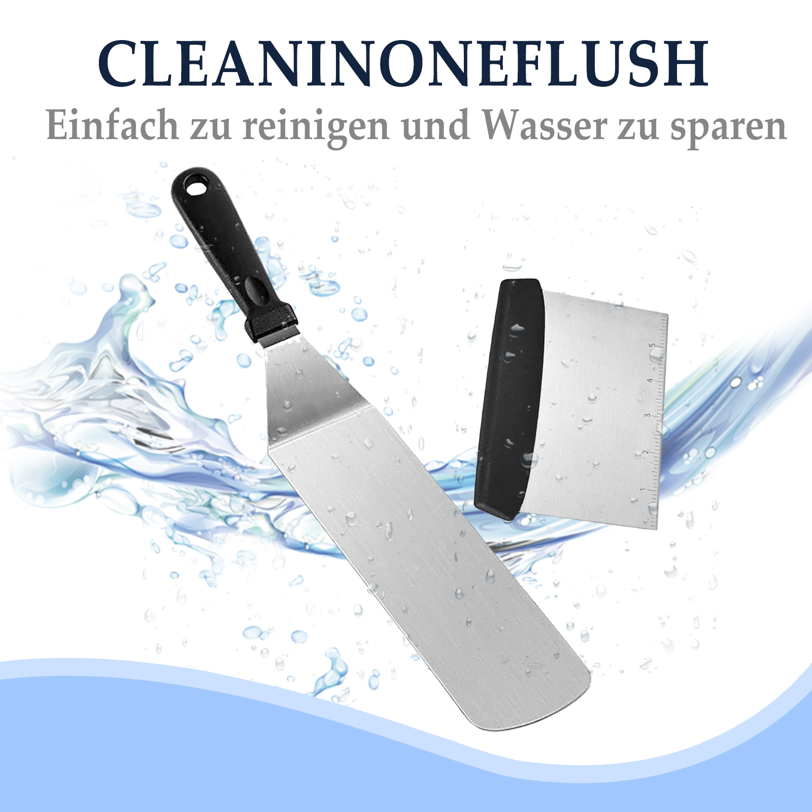 Zwei Edelstahlspatel und ein Schaber mit schwarzem Griff, mit Wassertropfen.