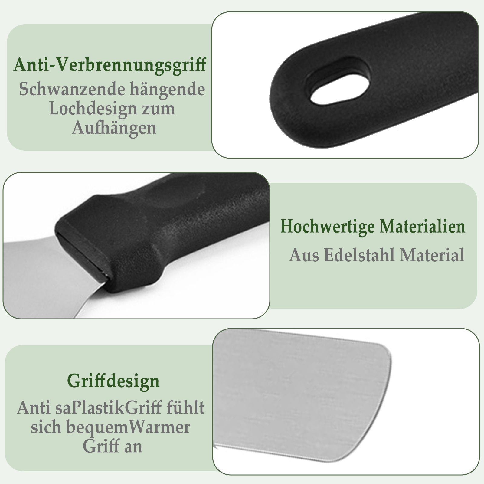 Nahaufnahme eines Spatels, der Griffdetails, Design und Materialien zeigt. Text hebt Griff- und Materialmerkmale hervor.