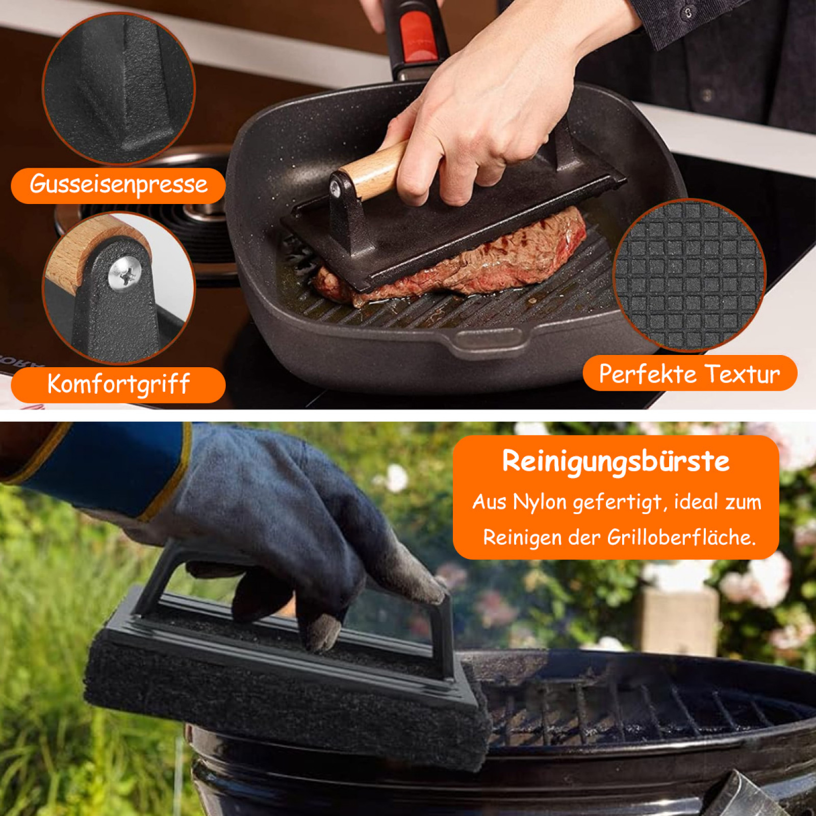 Eine Person verwendet eine Grillpresse und eine Reinigungsbürste. Das Bild enthält Nahaufnahmen.