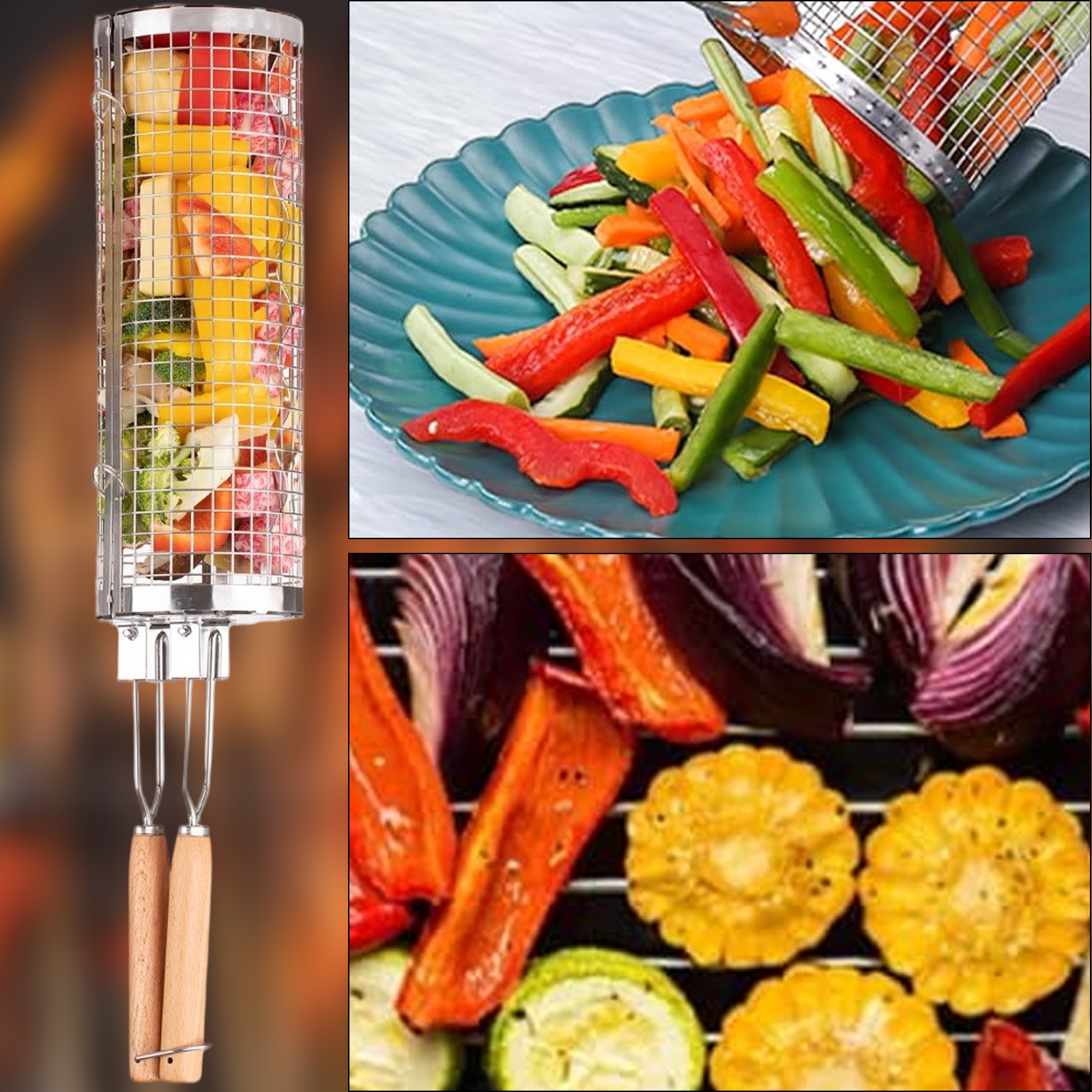 Ein Grillkorb mit Gemüse und gegrilltem Essen. Teller mit gegrilltem Essen und Gemüse werden gezeigt.