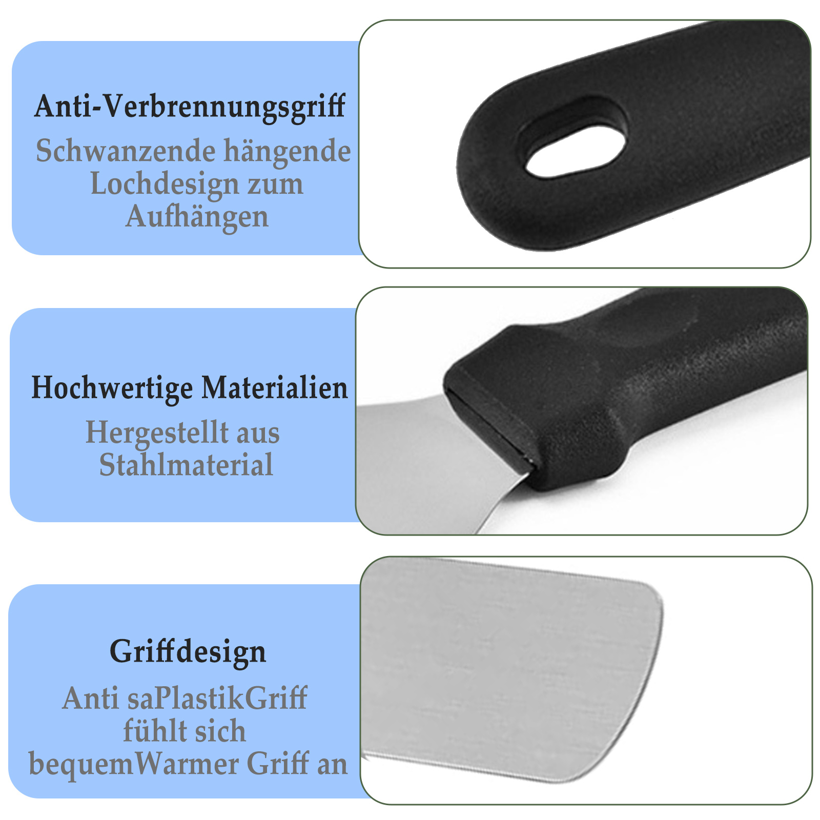 Nahaufnahme eines Spatels, der Griffdetails, Design und Materialien zeigt. Text hebt Griff- und Materialmerkmale hervor.