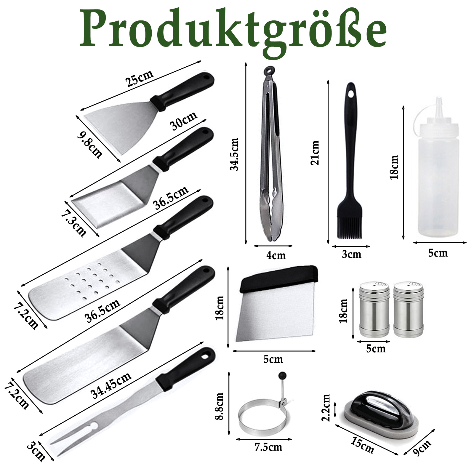 Eine Sammlung von Grillwerkzeugen mit Abmessungen, darunter Spatel, Zangen, Bürsten und mehr.