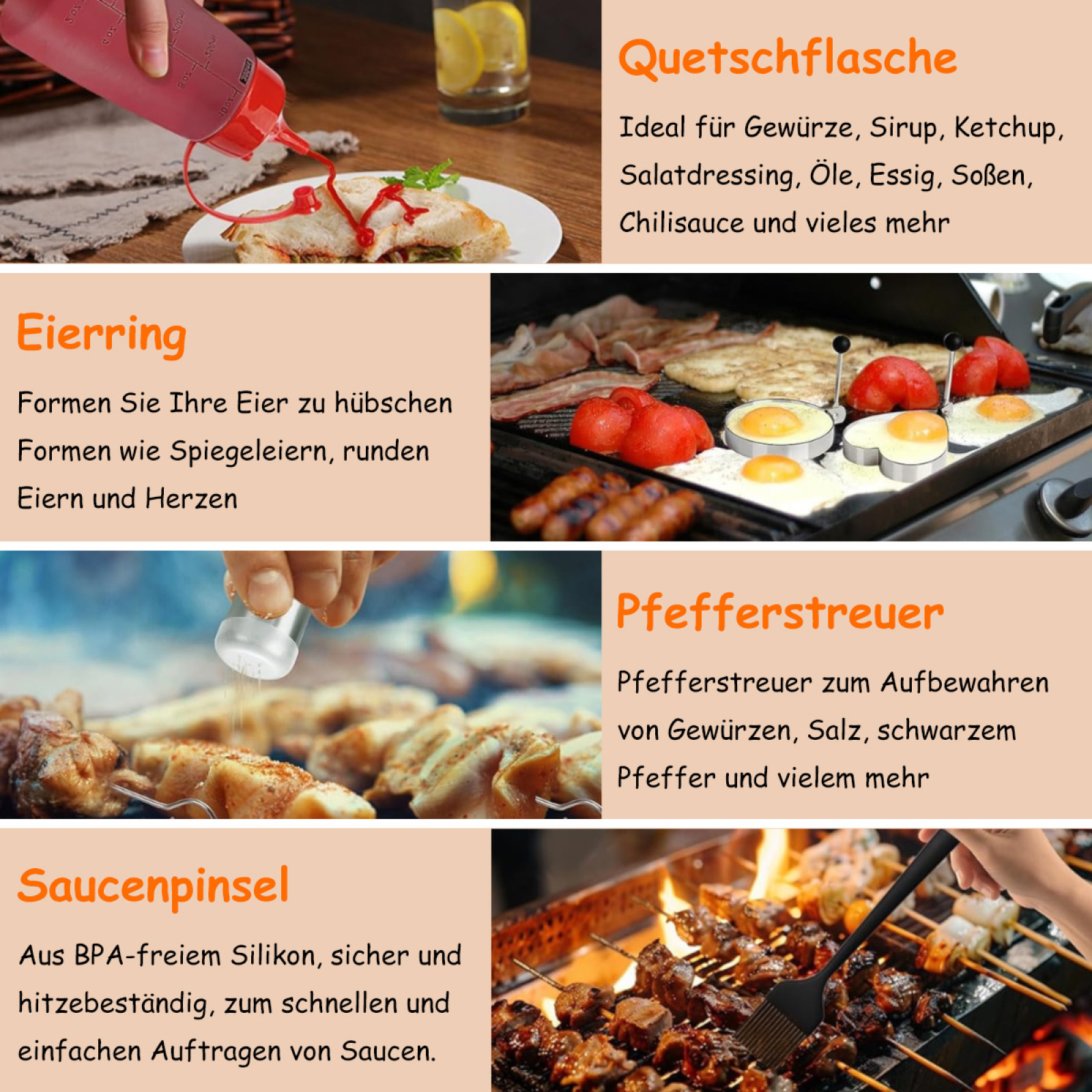 Verschiedenes Grillzubehör, darunter eine Quetschflasche, ein Eierring, ein Pfefferstreuer und ein Pinsel.