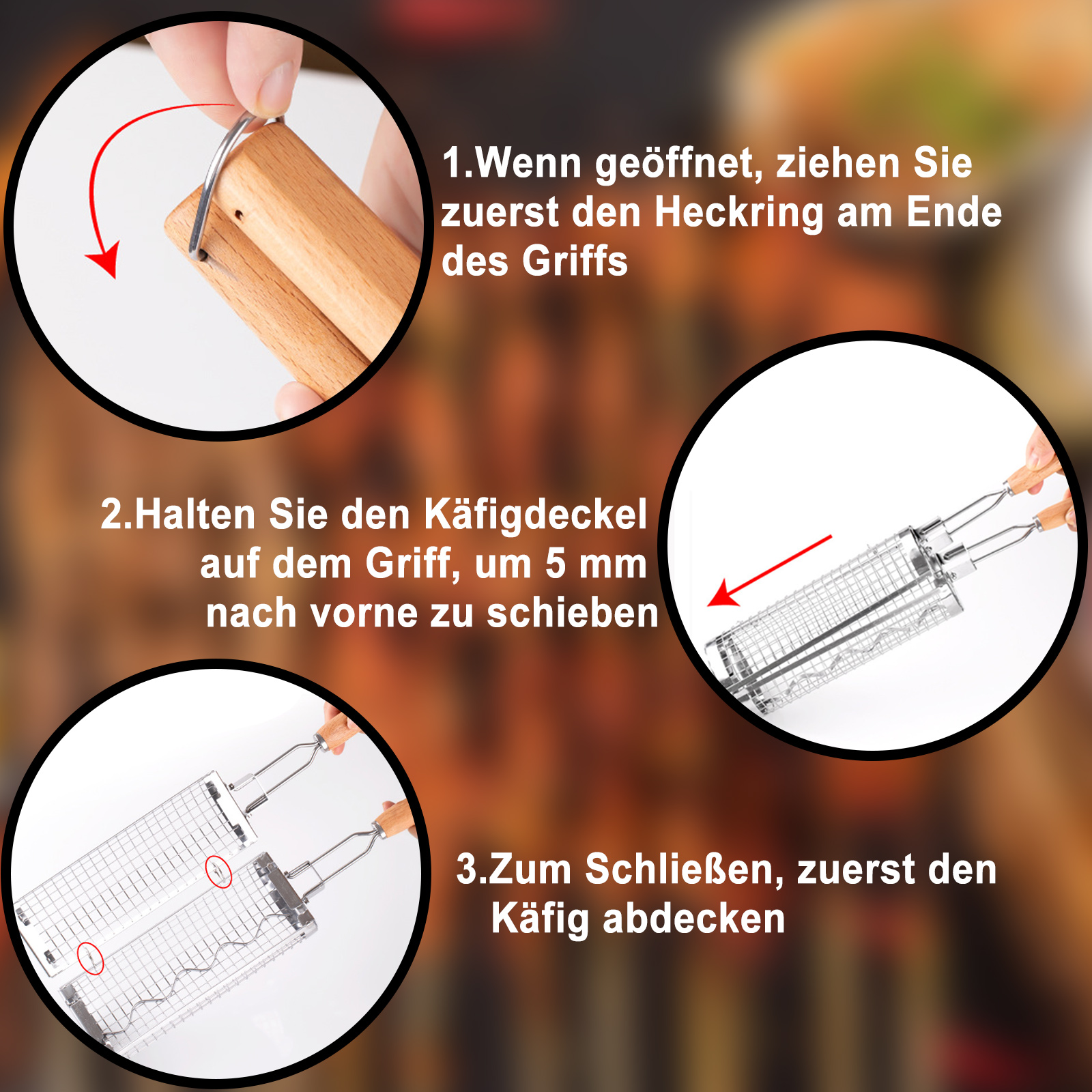 Anweisungen zum Öffnen und Verwenden eines Grillkorbs, einschließlich Details zu Griff und Verriegelungsmechanismus.