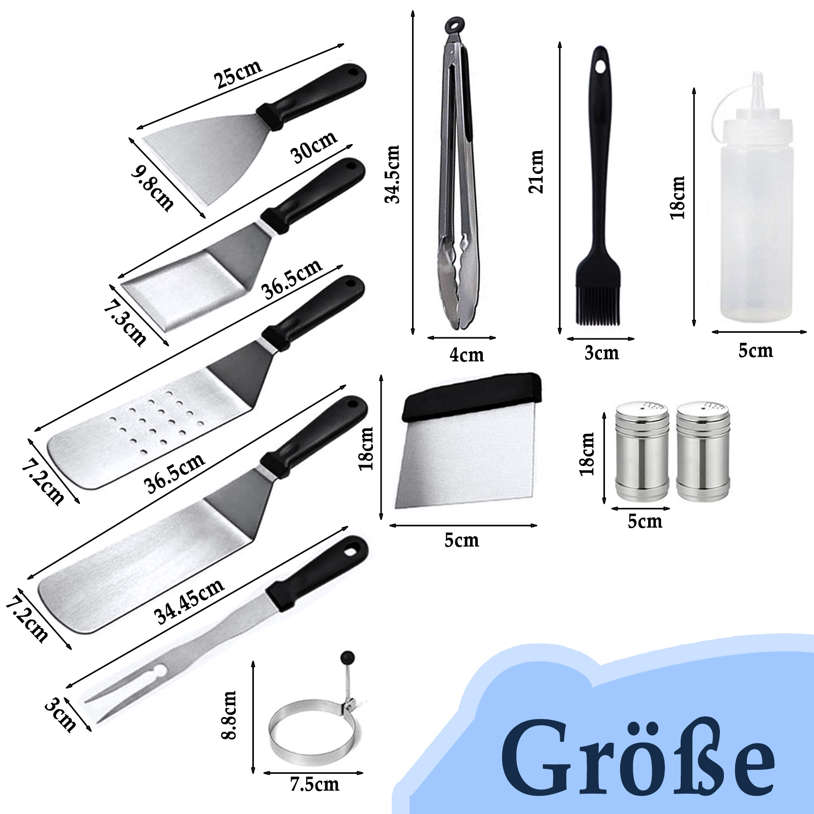 Das Bild zeigt verschiedene Grillwerkzeuge: Spatel, Zangen, einen Pinsel und Salz-/Pfefferstreuer, mit Maßangaben.