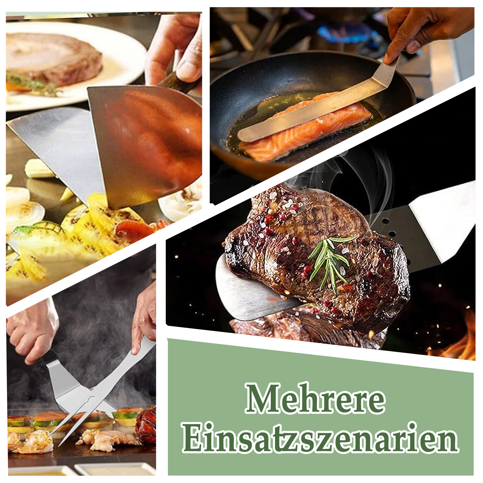 Collage von Kochszenen mit verschiedenen Pfannenwendern, Grillgut und einem Steak. Enthält Text auf Deutsch.