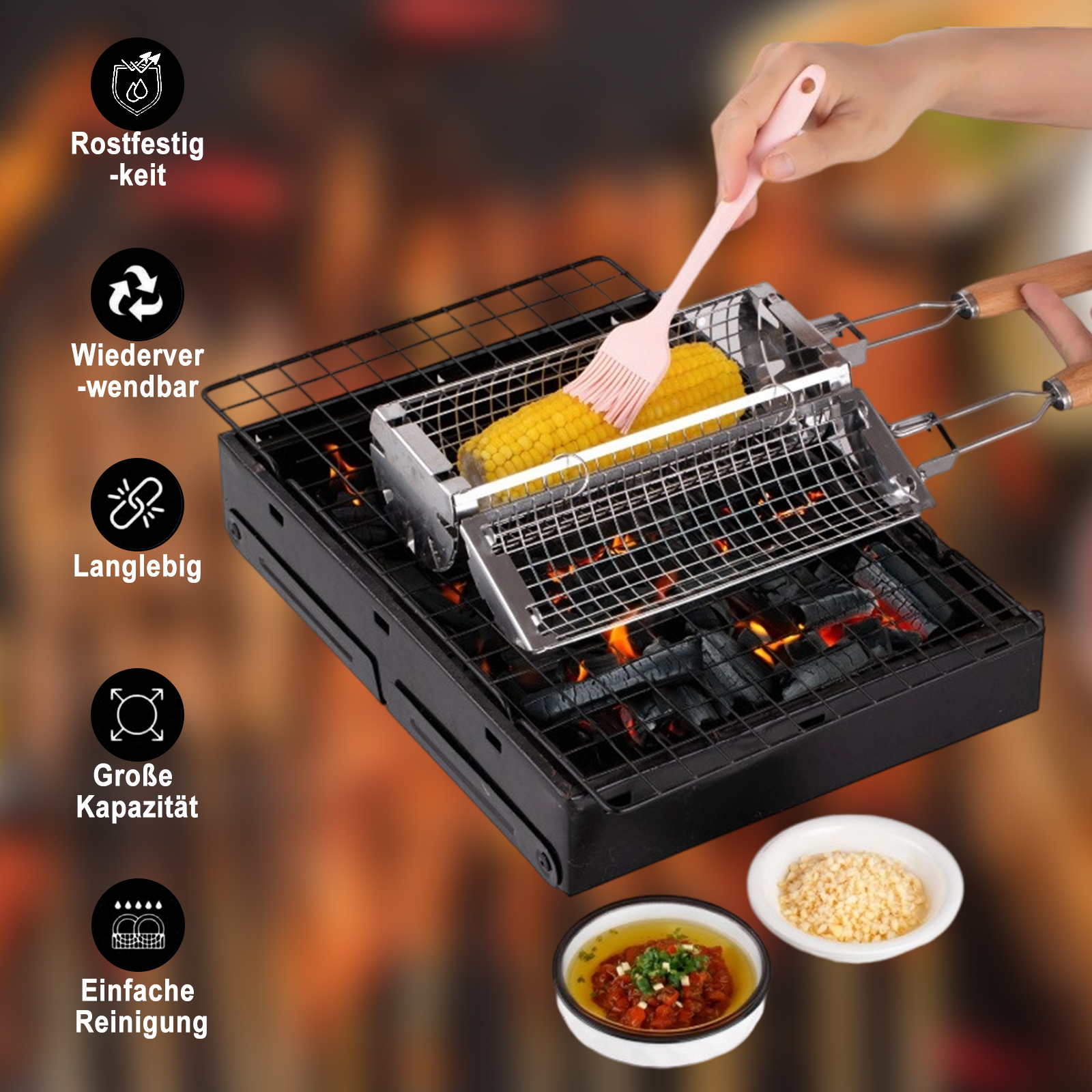 Ein tragbarer Grill mit einem Mais-Halter, einer Schüssel mit Soße und einer Schüssel mit Krümeln. Text auf Deutsch.