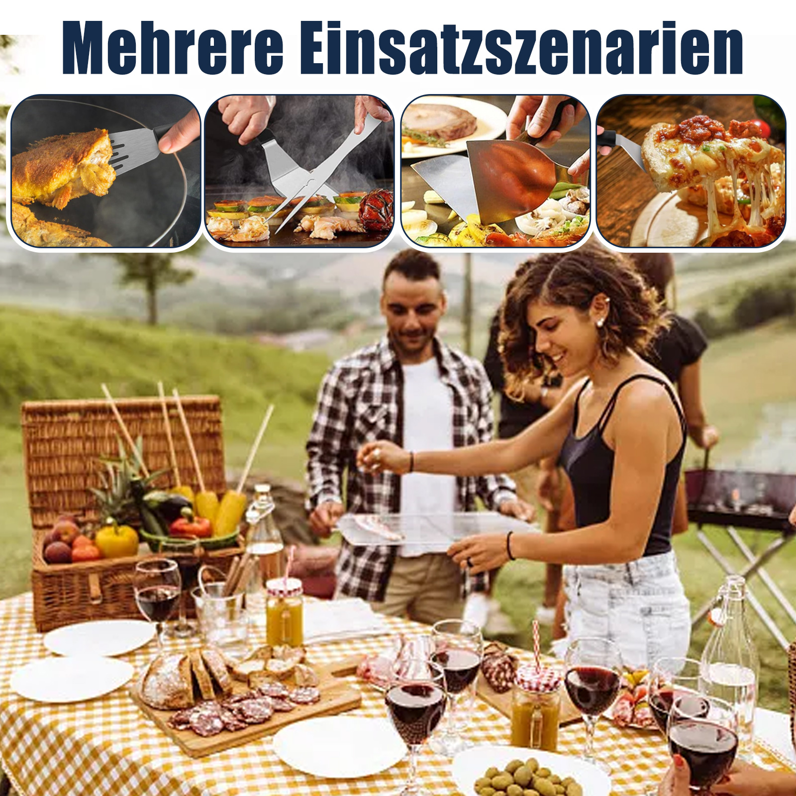 Eine Picknick-Szene mit Leuten um einen Tisch mit Essen. Verschiedene Kochutensilien sind im Bild gezeigt.