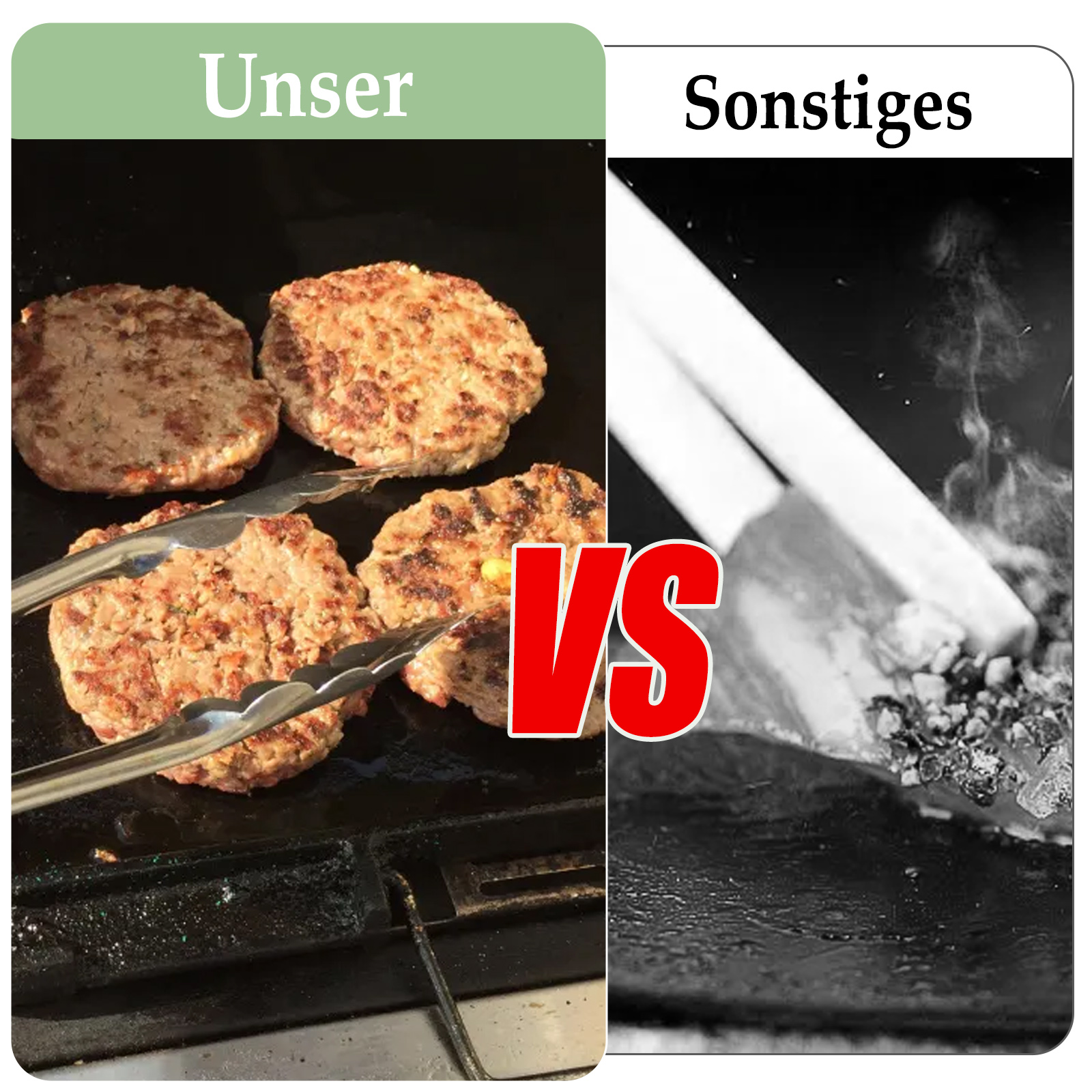 Bild in zwei Teile geteilt. Links werden Burger gegrillt, rechts wird Essen mit Zangen gekocht.