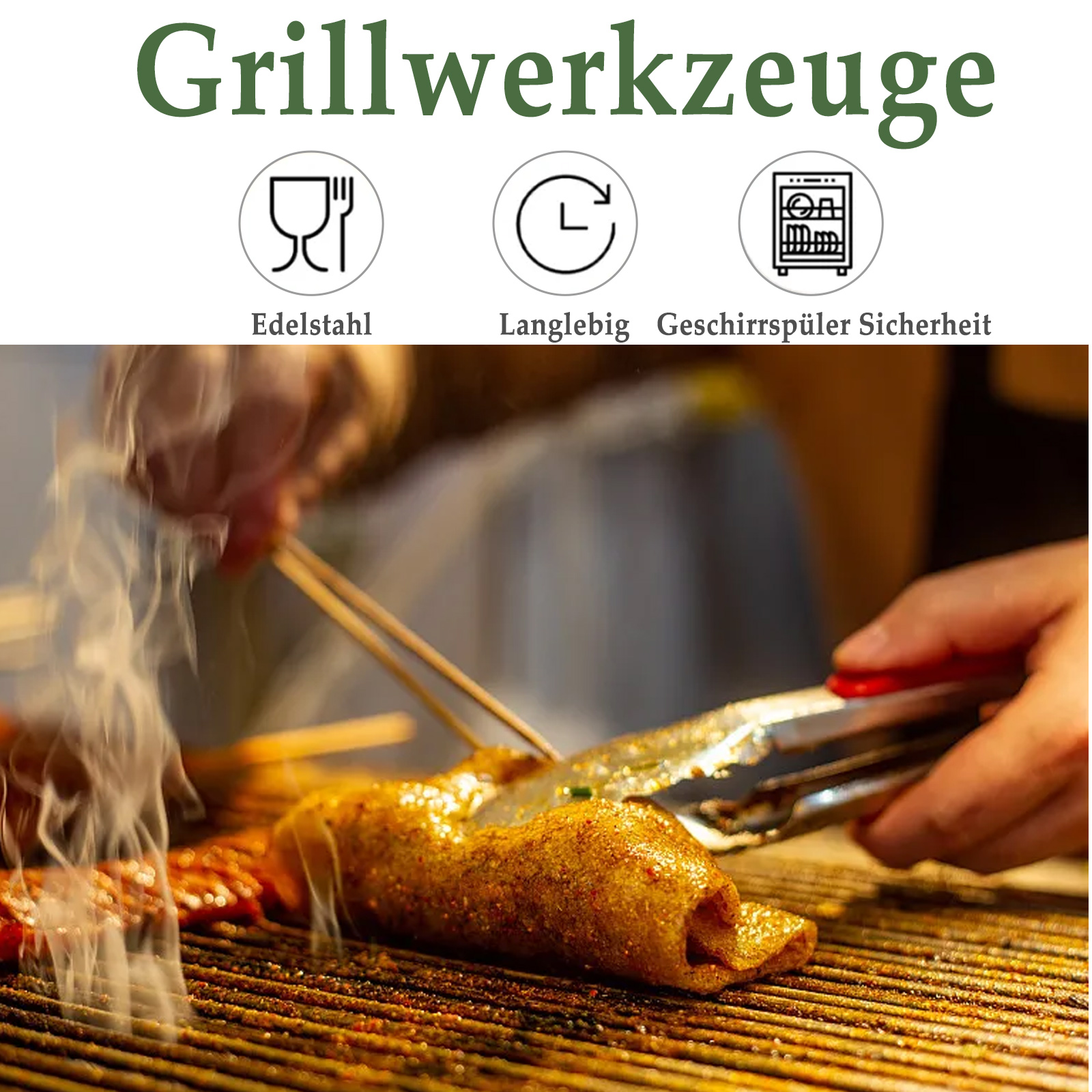 Eine Person kocht Essen auf einem Grill, verwendet Zangen und Spieße. Das Bild zeigt Grillwerkzeuge.