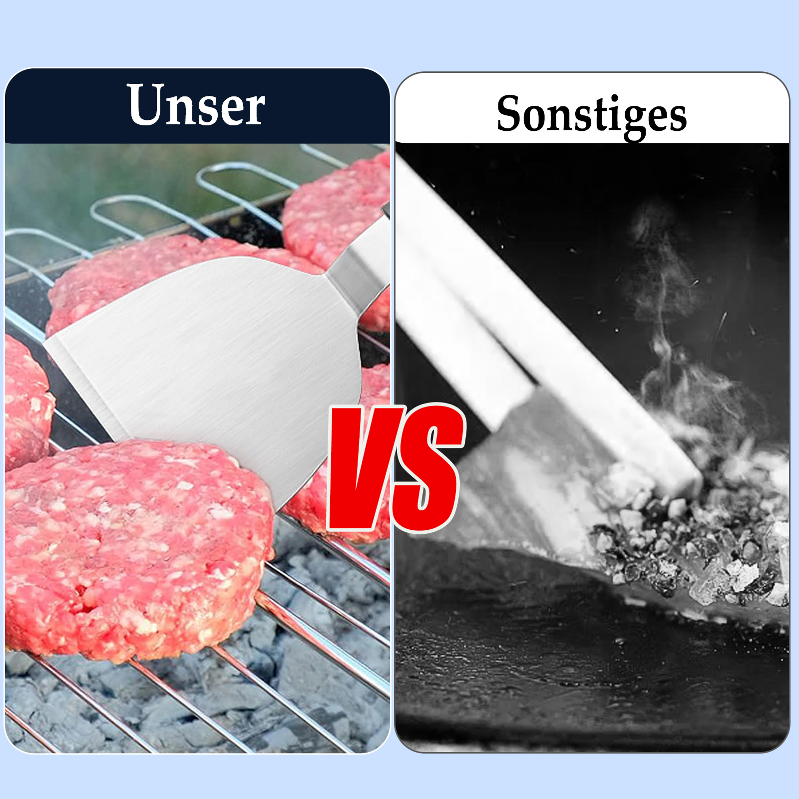 Ein geteiltes Bild vergleicht einen Burger auf einem Grill mit einem Pfannenwender mit einem, der auf einer flachen Platte gebraten wird.