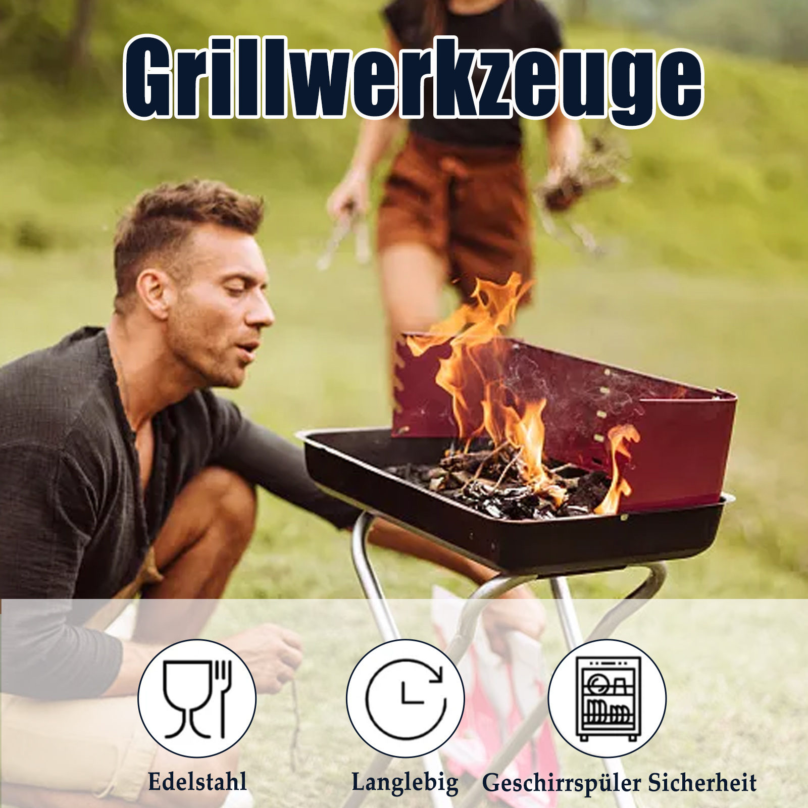 Ein Mann grillt im Freien mit sichtbaren Flammen. Das Bild zeigt Grillwerkzeuge und einen Grill.