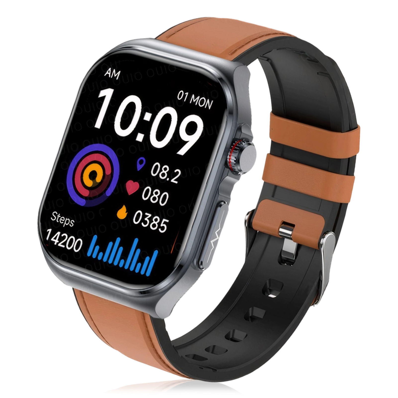 Eine Smartwatch mit braunem Lederarmband zeigt Fitnessdaten, Zeit, Schritte, Herzfrequenz und Kalorien an.