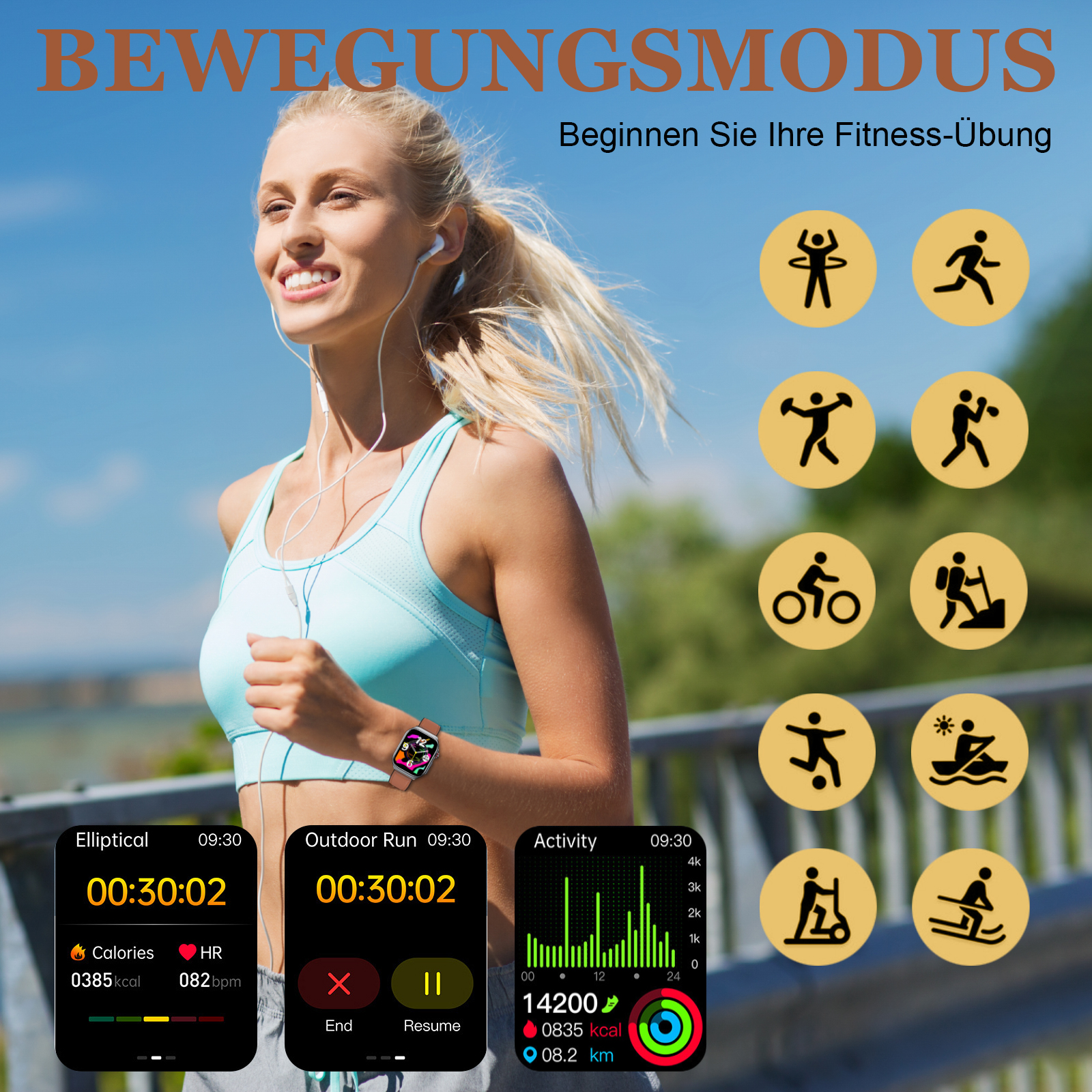 Frau, die mit Fitnesstracker am Handgelenk läuft. Zeigt Trainingsdaten wie Zeit, Kalorien und Herzfrequenz.