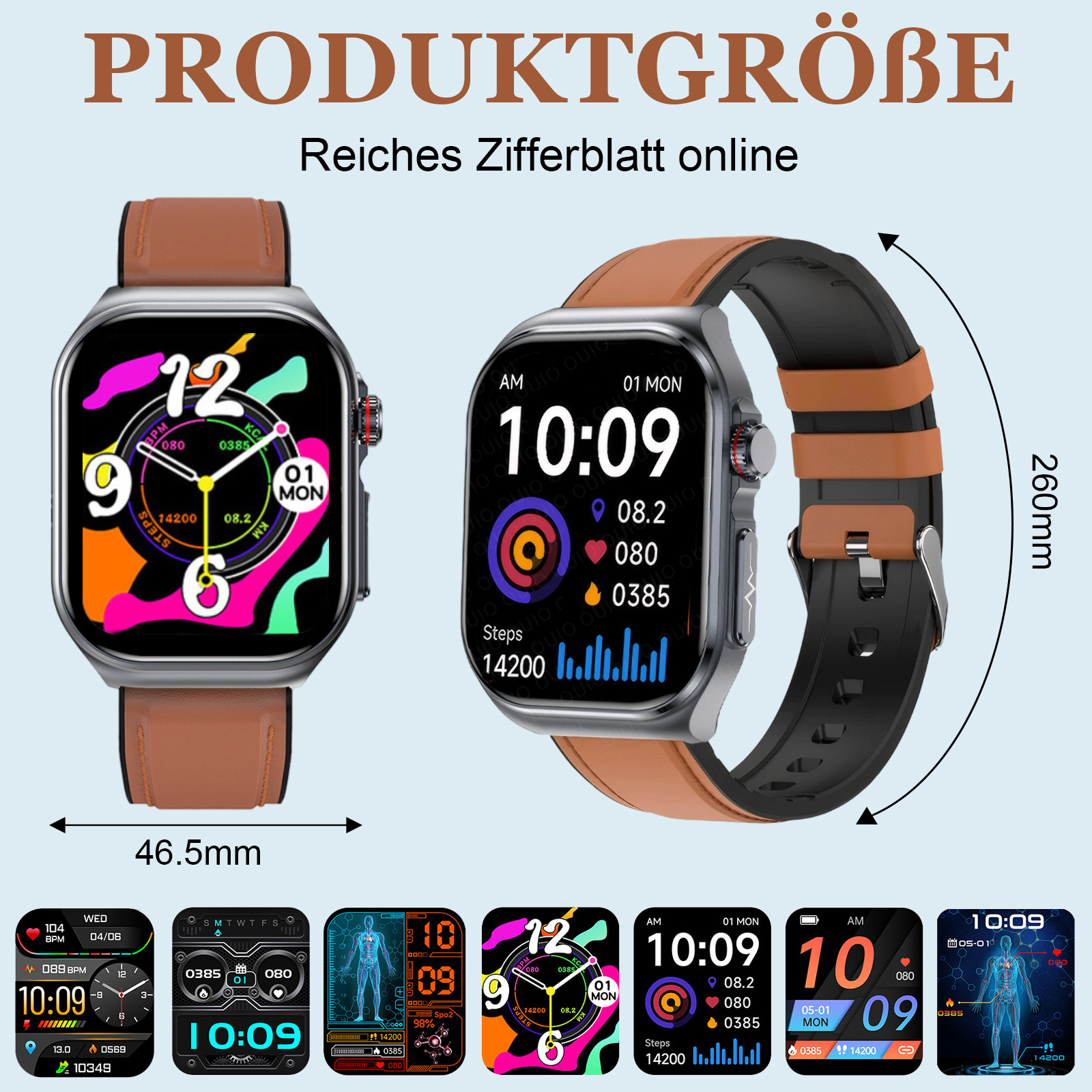 Eine Smartwatch mit mehreren Zifferblättern. Zeigt Zeit, Schritte, Herzfrequenz und andere Fitnessmetriken mit Text.