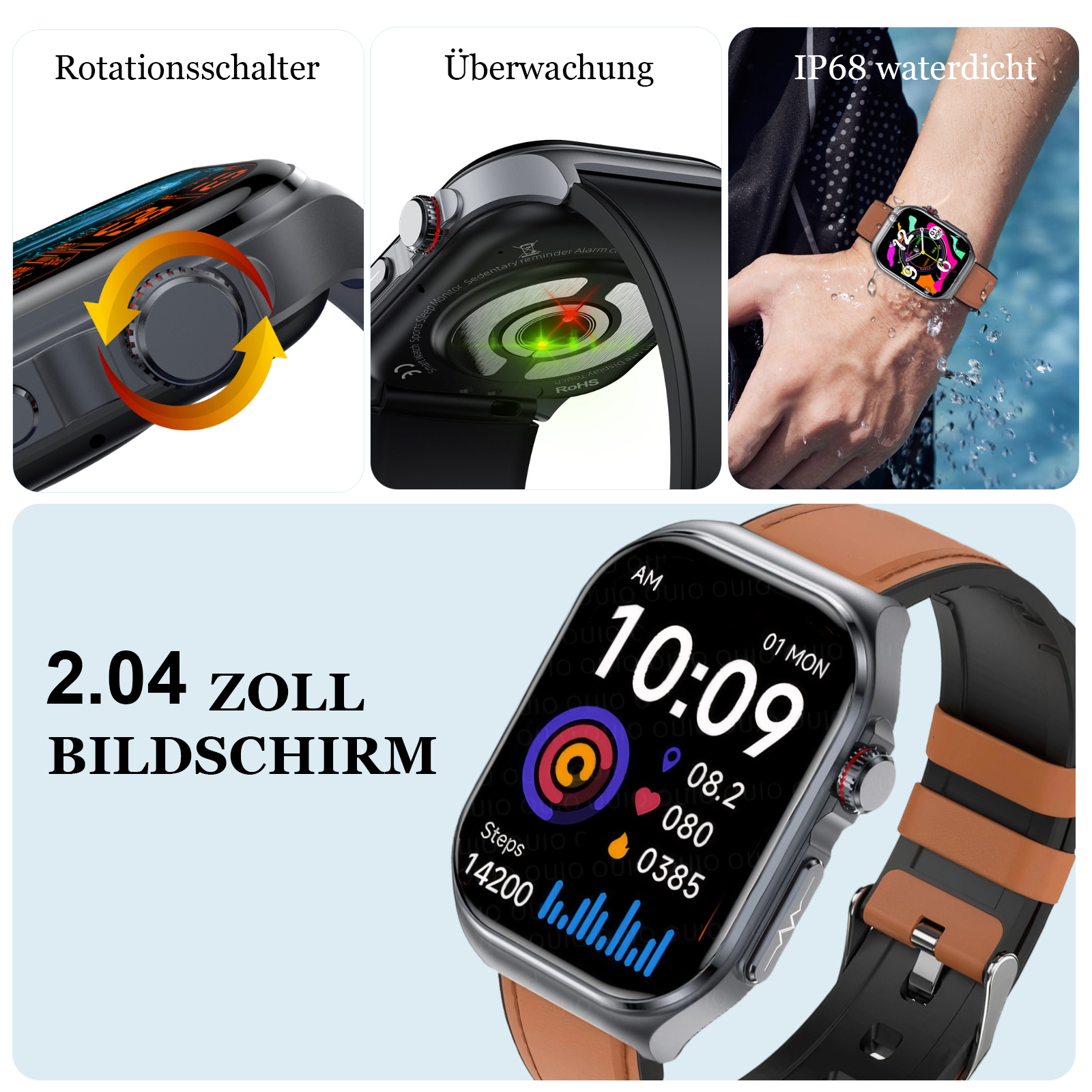 Nahaufnahme einer Smartwatch mit ihren Funktionen: drehbare Krone, Überwachung und Bildschirm, Text auf Deutsch.