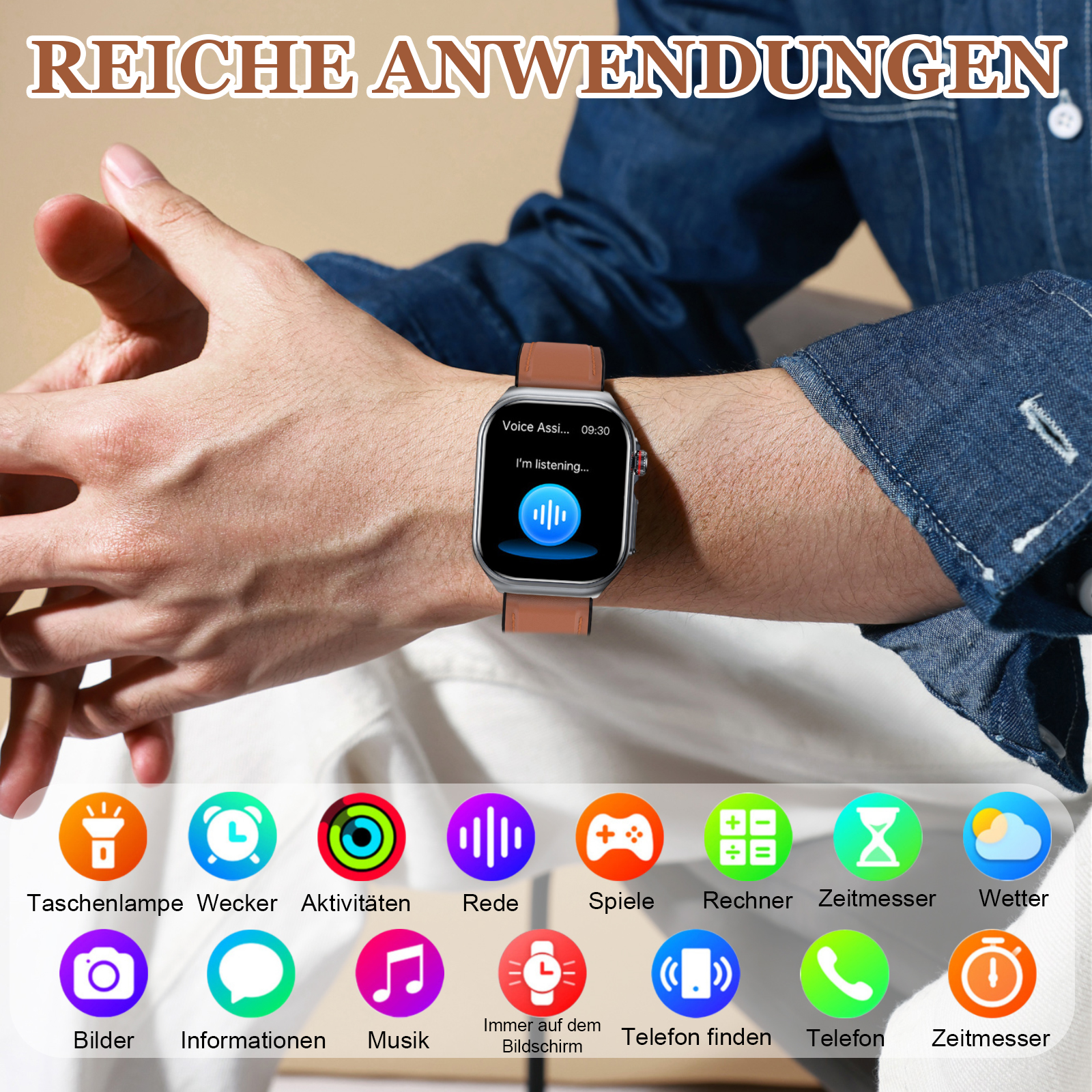 Eine Person trägt eine Smartwatch mit verschiedenen App-Symbolen. Die Uhr zeigt 'Ich höre zu...'