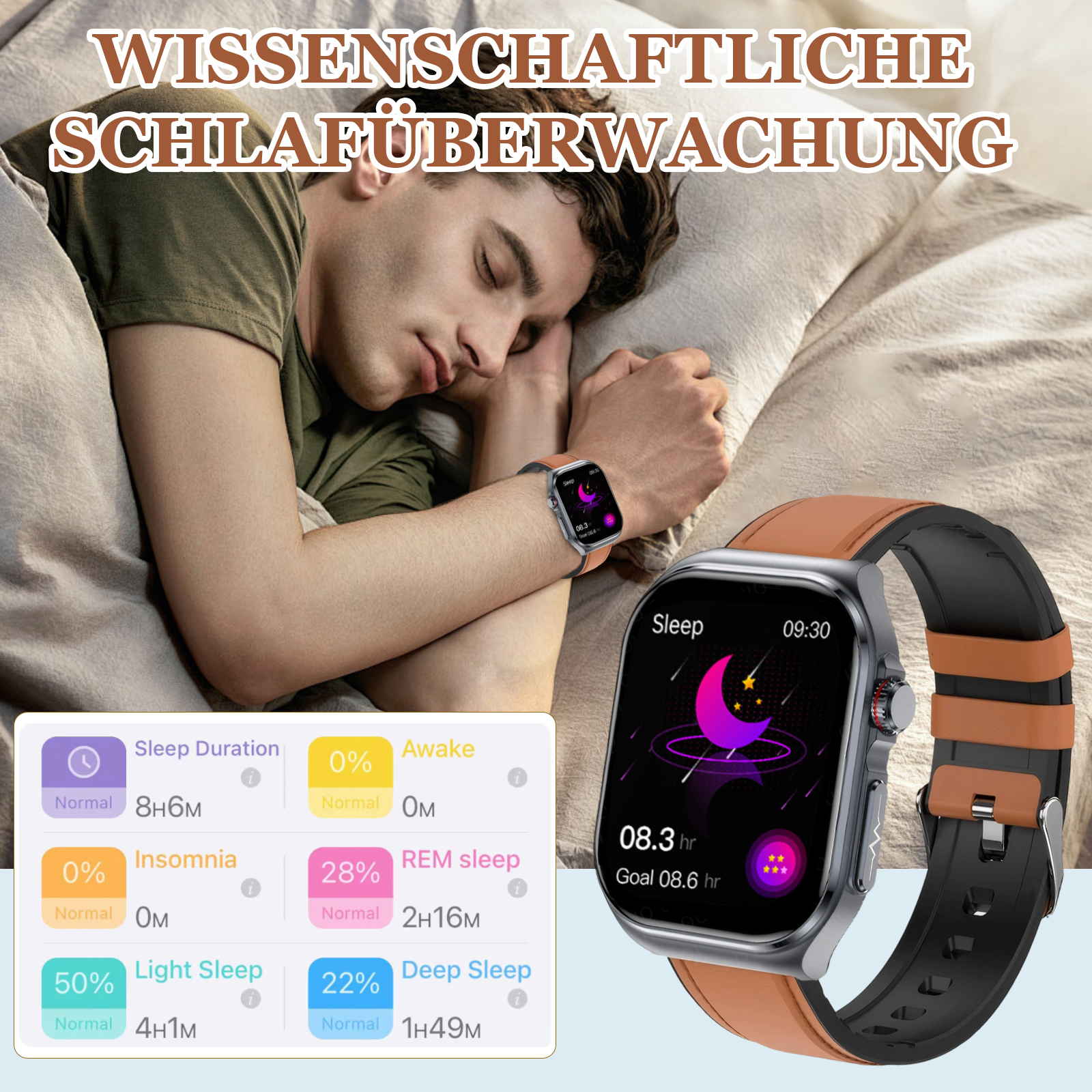 Mann schläft mit Smartwatch am Handgelenk, die Schlafdaten anzeigt, einschließlich Schlafdauer und -stadien.
