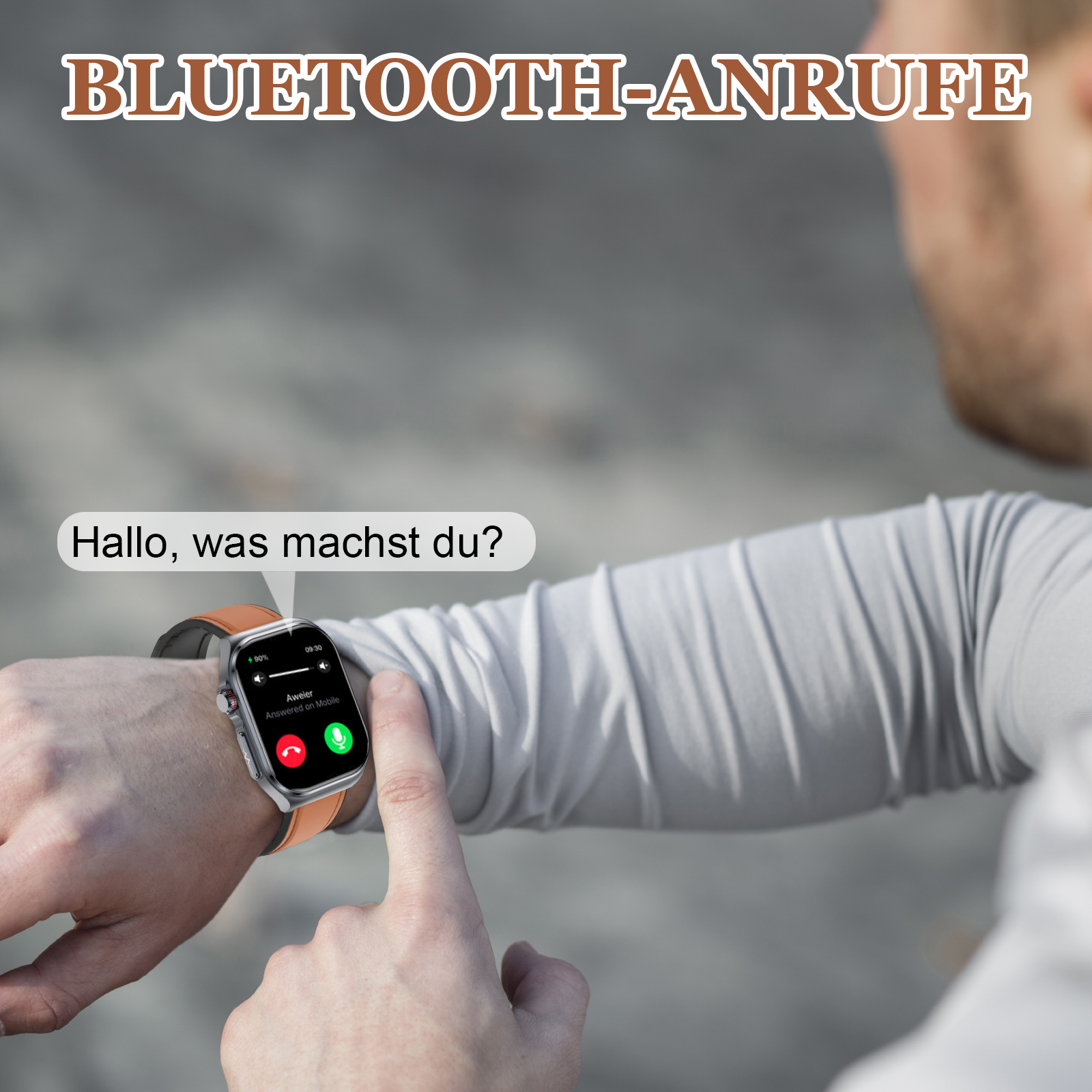 Eine Smartwatch am Handgelenk zeigt eine Anrufoberfläche. Sprechblasen lesen: „Hallo, was machst du?“