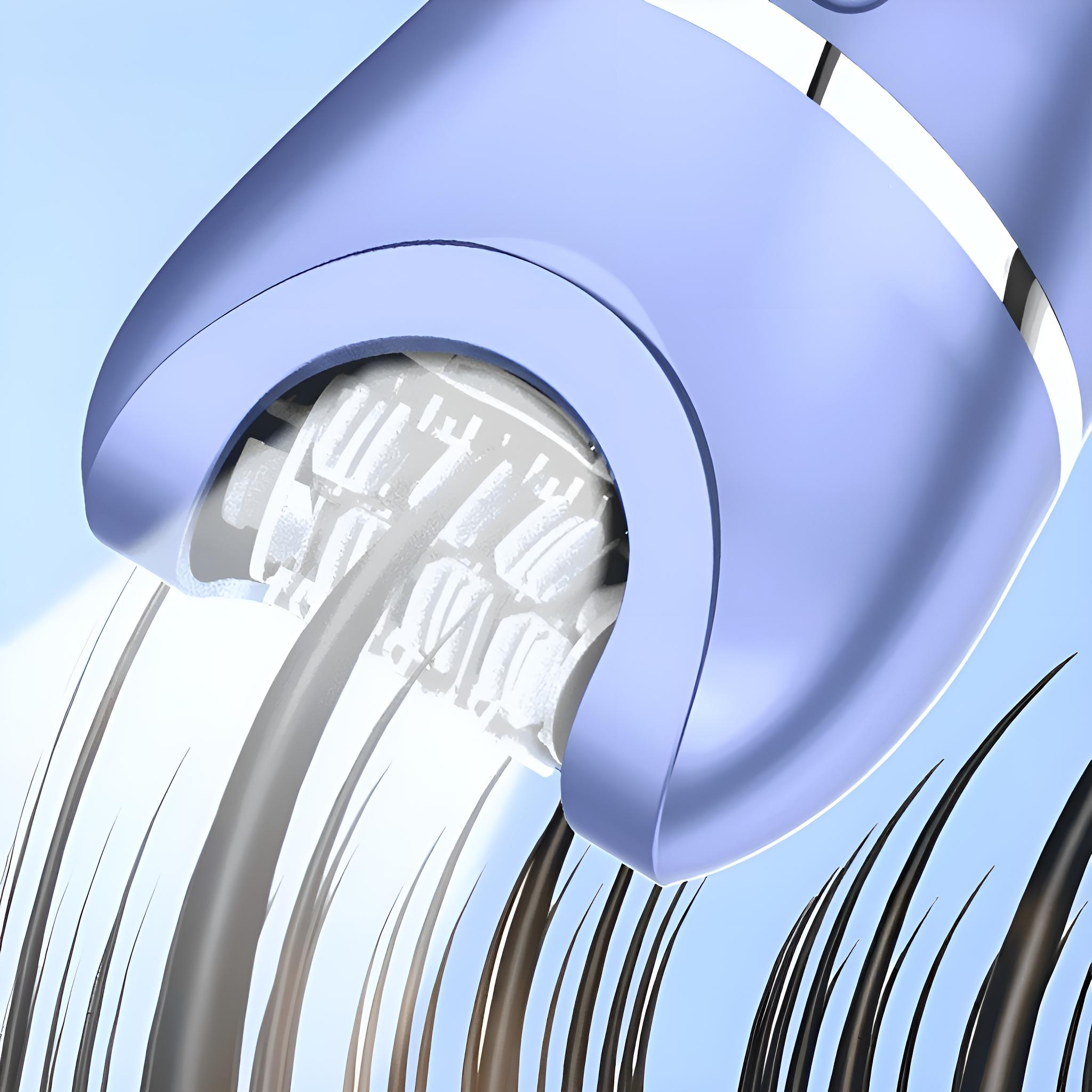 Nahaufnahme eines lila Epilierers, der Haare entfernt. Haarsträhnen sind unten vor blauem Hintergrund sichtbar.