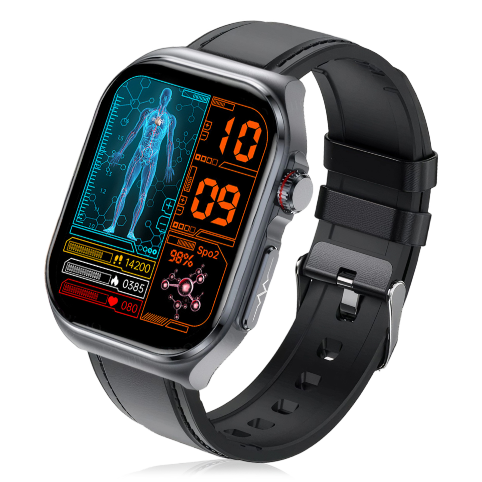 Eine Smartwatch auf weißem Hintergrund, die Gesundheitsdaten wie Herzfrequenz und SpO2 anzeigt, mit schwarzem Armband.