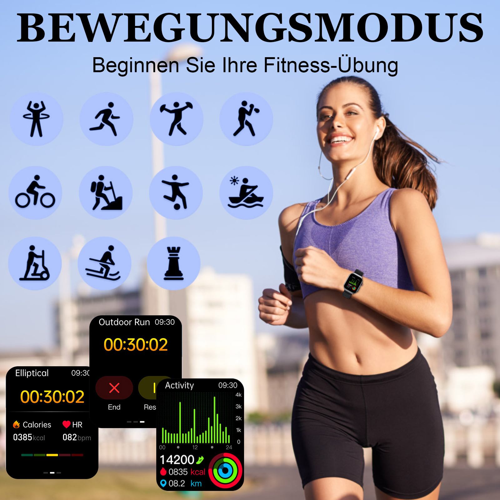 Eine Frau, die mit einer Smartwatch läuft, die Trainingsdaten anzeigt, mit Symbolen verschiedener Fitnessaktivitäten.
