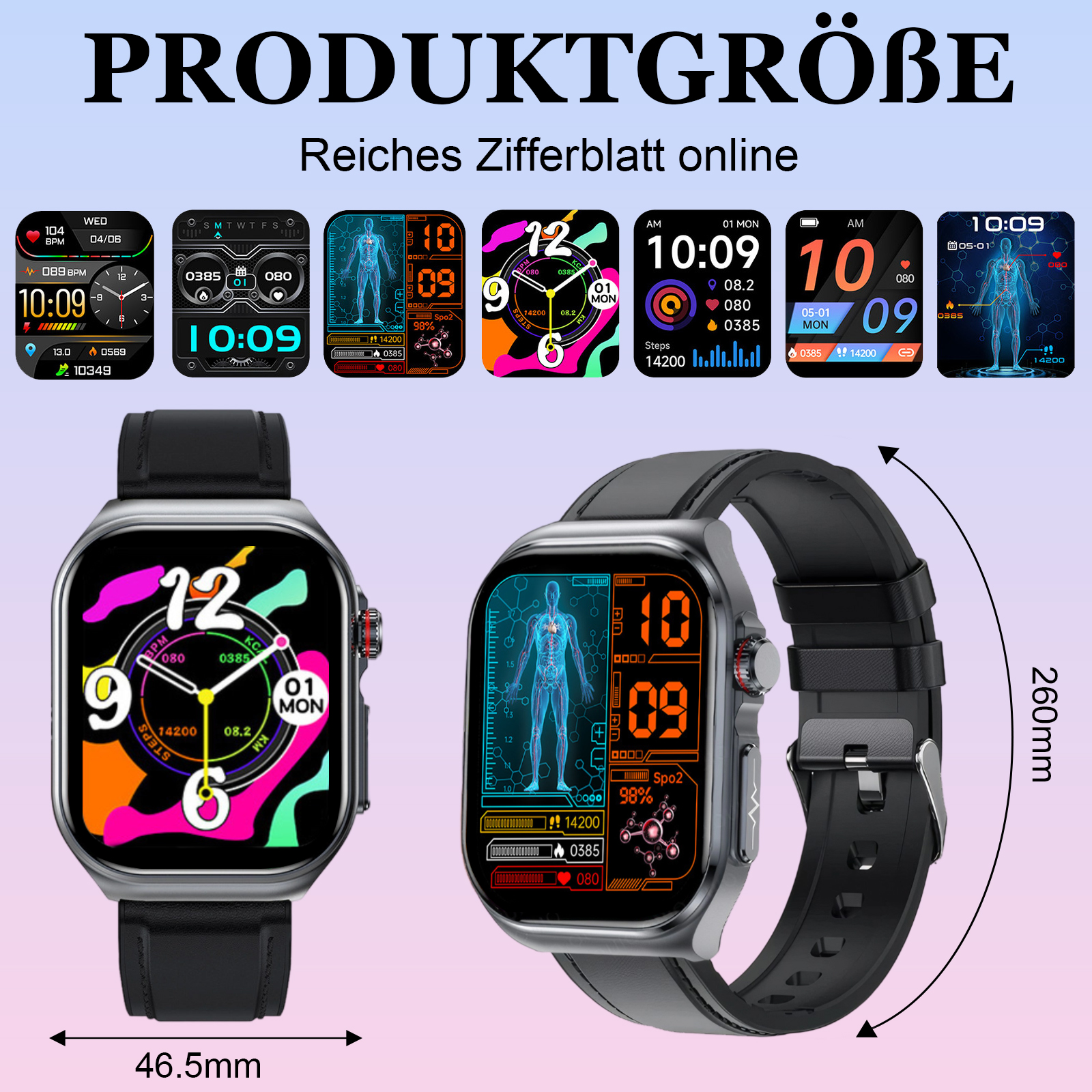 Eine Smartwatch mit mehreren Anzeigeoptionen. Zeigt Zeit, Herzfrequenz und andere Gesundheitsmetriken auf verschiedenen Zifferblättern.