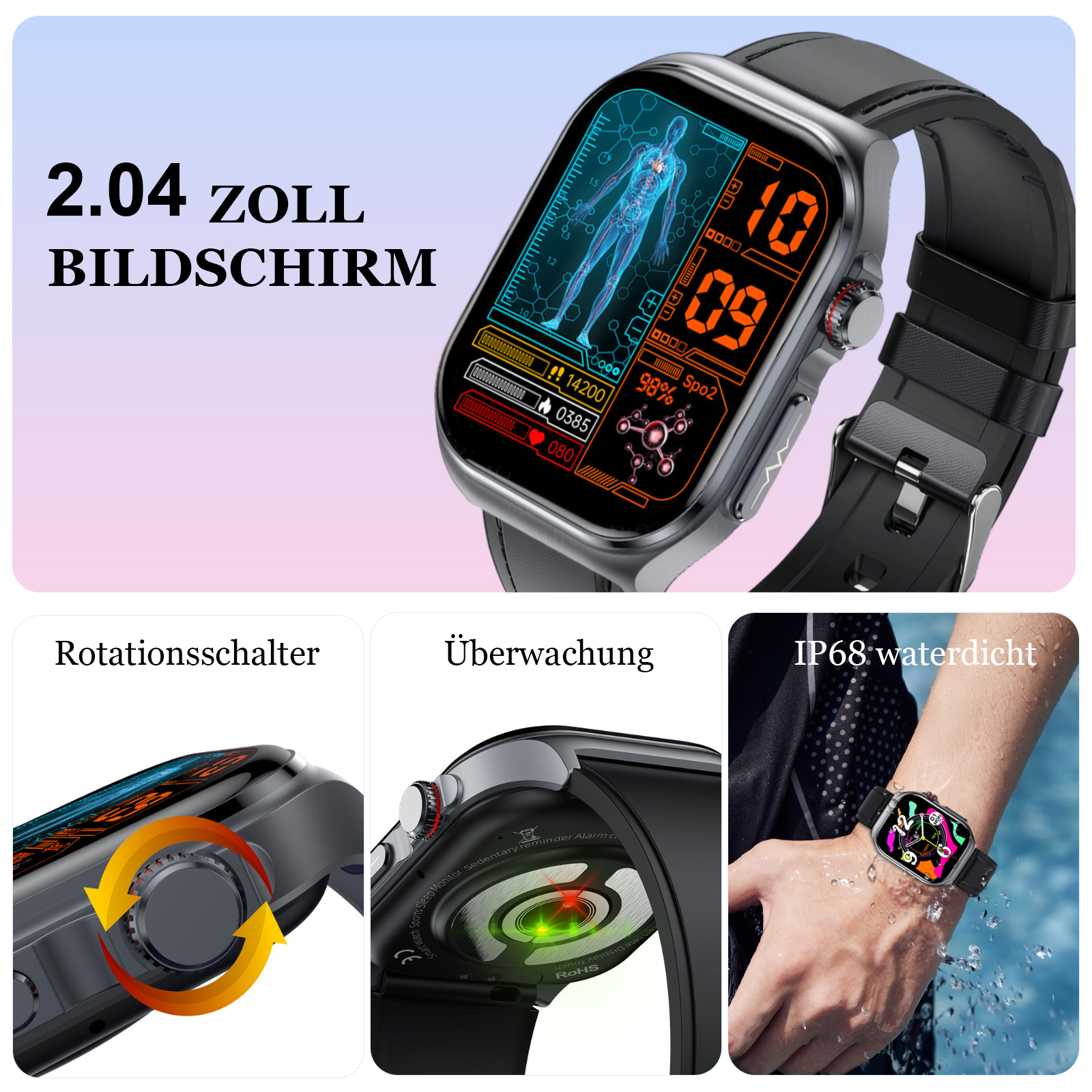 Eine Smartwatch mit schwarzem Armband zeigt Gesundheitsdaten an. Der Bildschirm zeigt eine menschliche Figur.