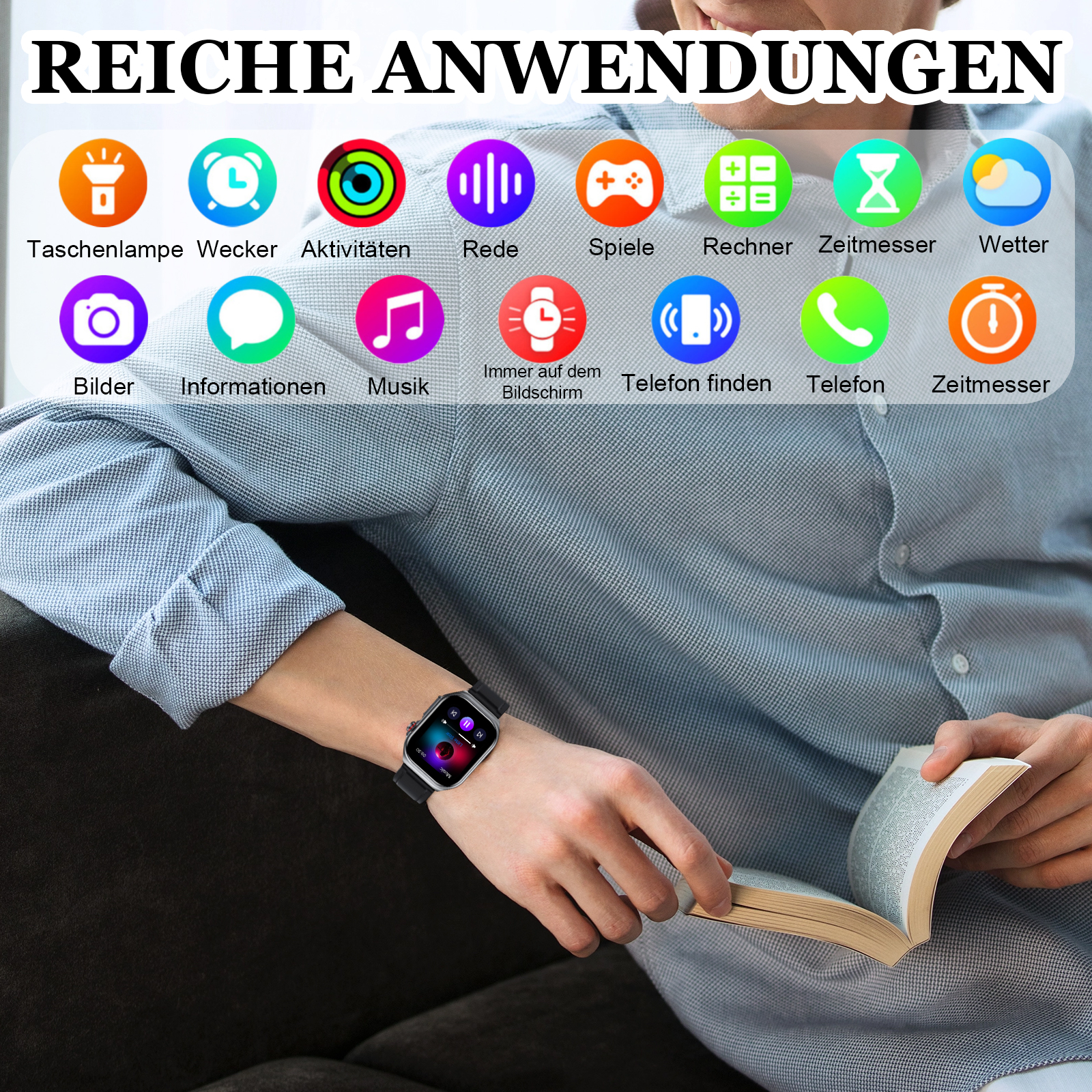 Eine Person sitzt mit einer Smartwatch, auf der verschiedene App-Symbole angezeigt werden, und einem Buch auf dem Schoß.