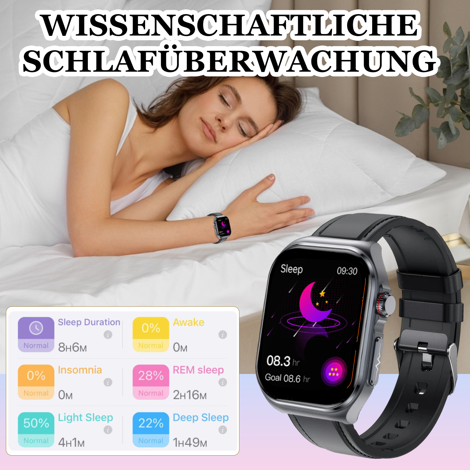 Eine schlafende Frau mit einer Smartwatch, die Schlafinformationen anzeigt. Die Uhr zeigt Schlafdauer und Schlafphasen.