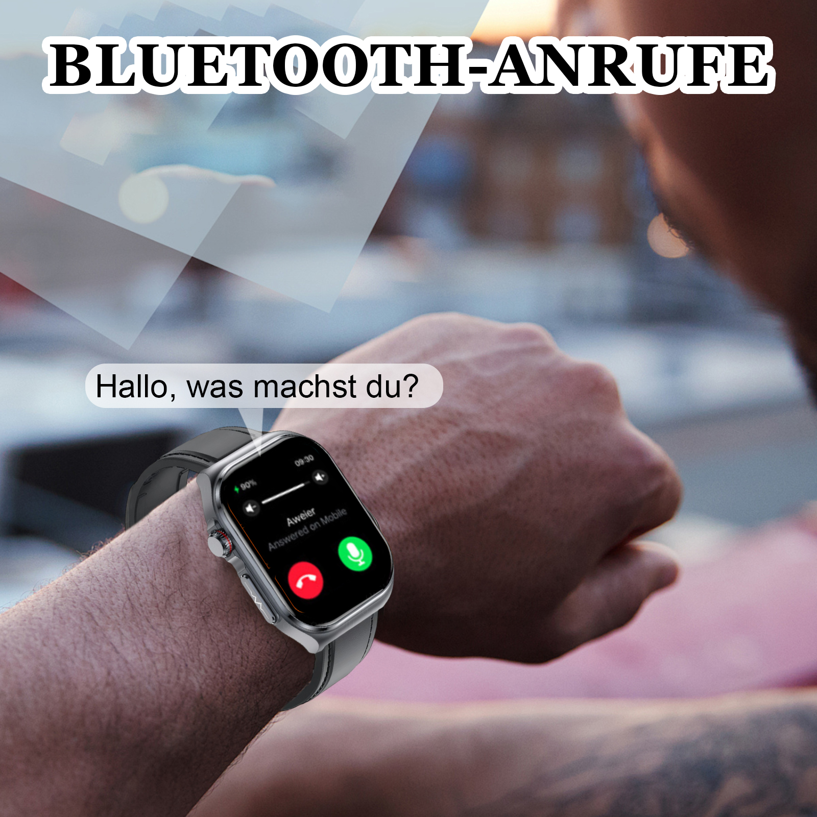Eine Person mit Smartwatch nimmt einen Anruf an. Der Bildschirm zeigt eine Anrufschnittstelle mit grüner und roter Taste.