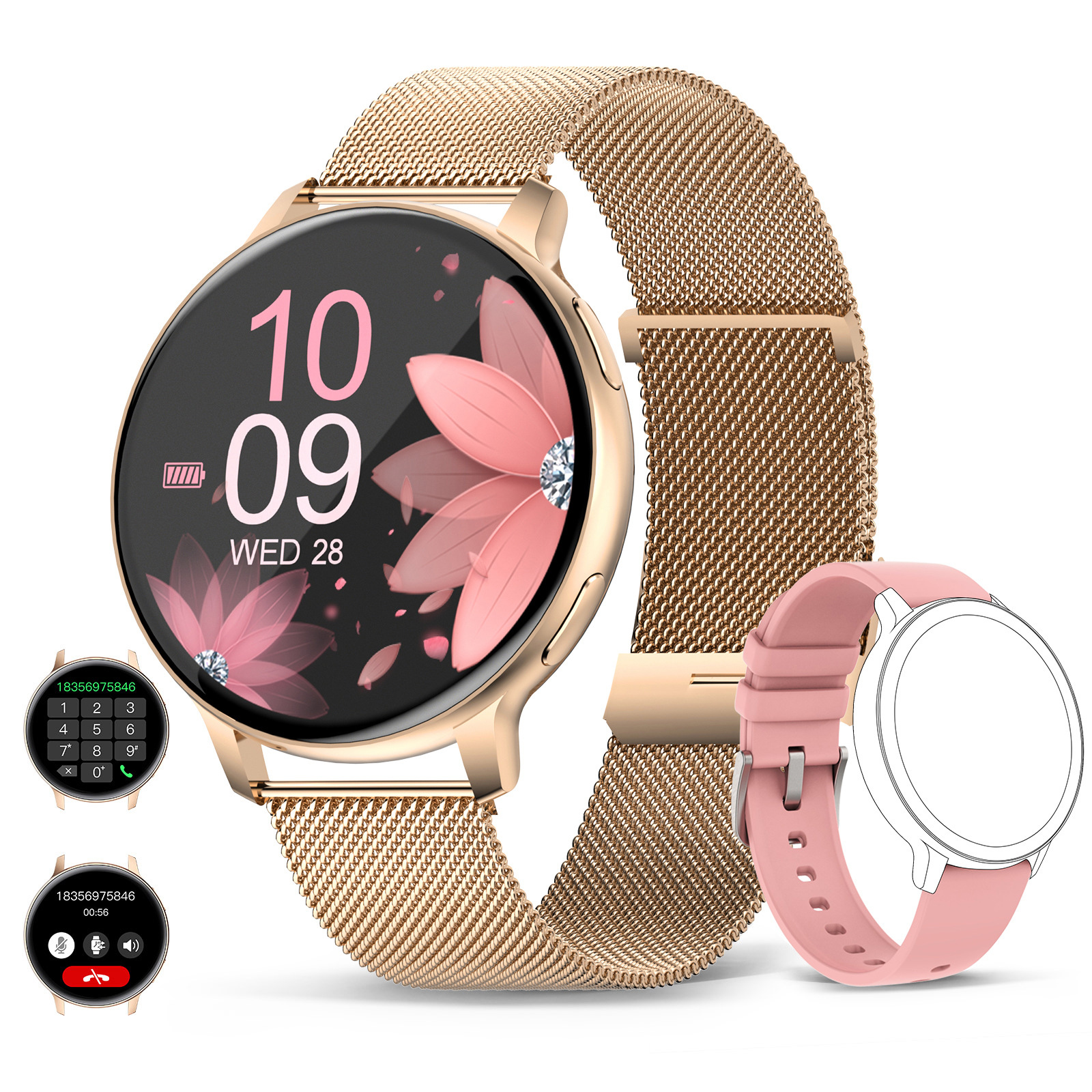 Goldene Smartwatch mit Mesh-Armband, zeigt Zeit und rosa Blume; ein rosa Band ist ebenfalls sichtbar.