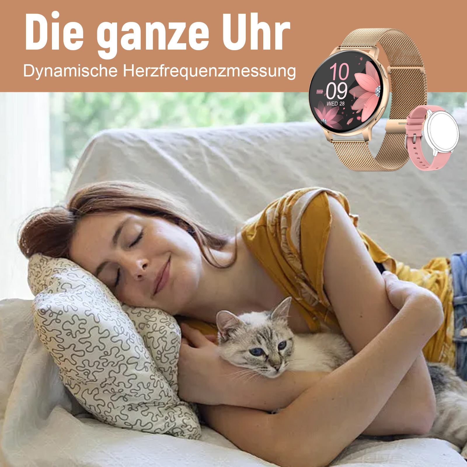 Eine Frau entspannt sich mit einer Katze, trägt eine Uhr mit Blumendisplay, neben Text über die Uhr.