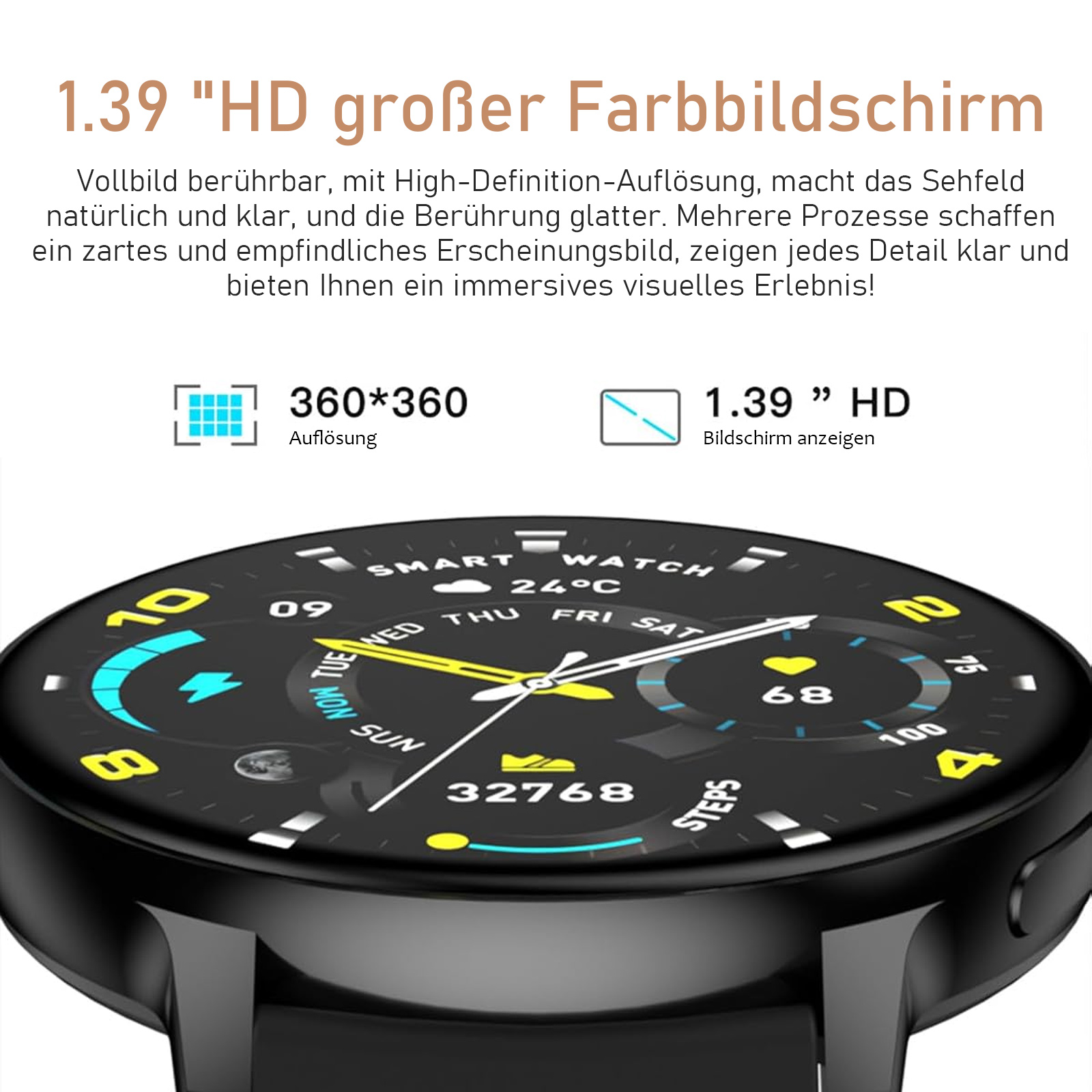 Nahaufnahme einer schwarzen Smartwatch mit rundem Bildschirm, der Zeit und Schritte anzeigt. Text über den Bildschirm.