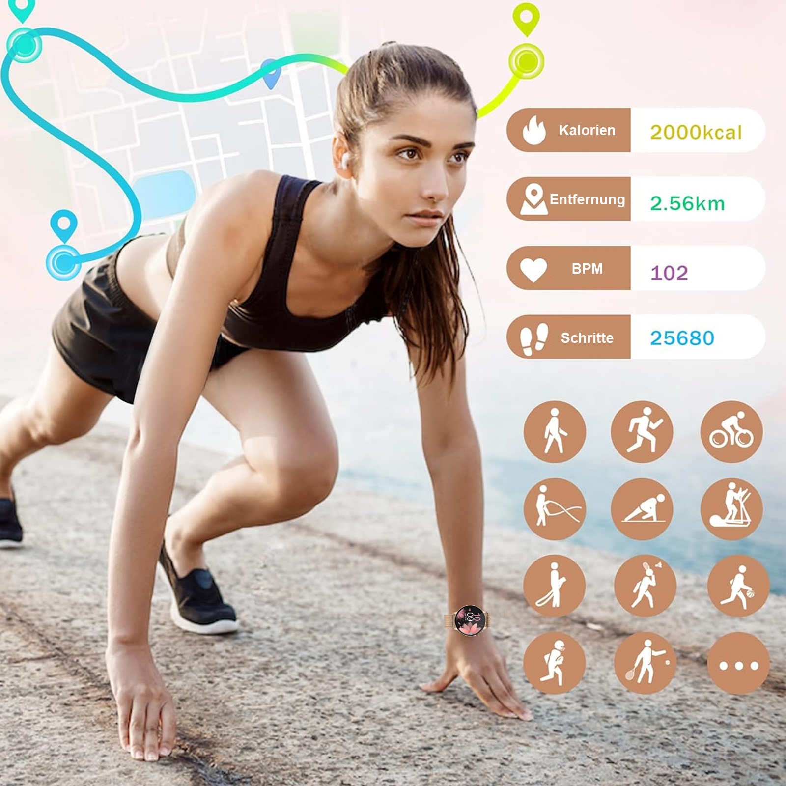 Frau in Sportkleidung, läuft mit Smartwatch, die Fitness-Metriken anzeigt. Symbole für Aktivitäten sind vorhanden.