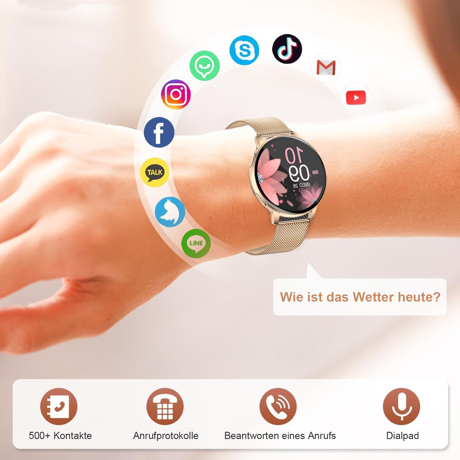 Am Handgelenk einer Frau wird eine goldene Smartwatch mit Social-Media-Symbolen um den Bildschirm herum angezeigt, die fragt: 'Wie ist das Wetter?'