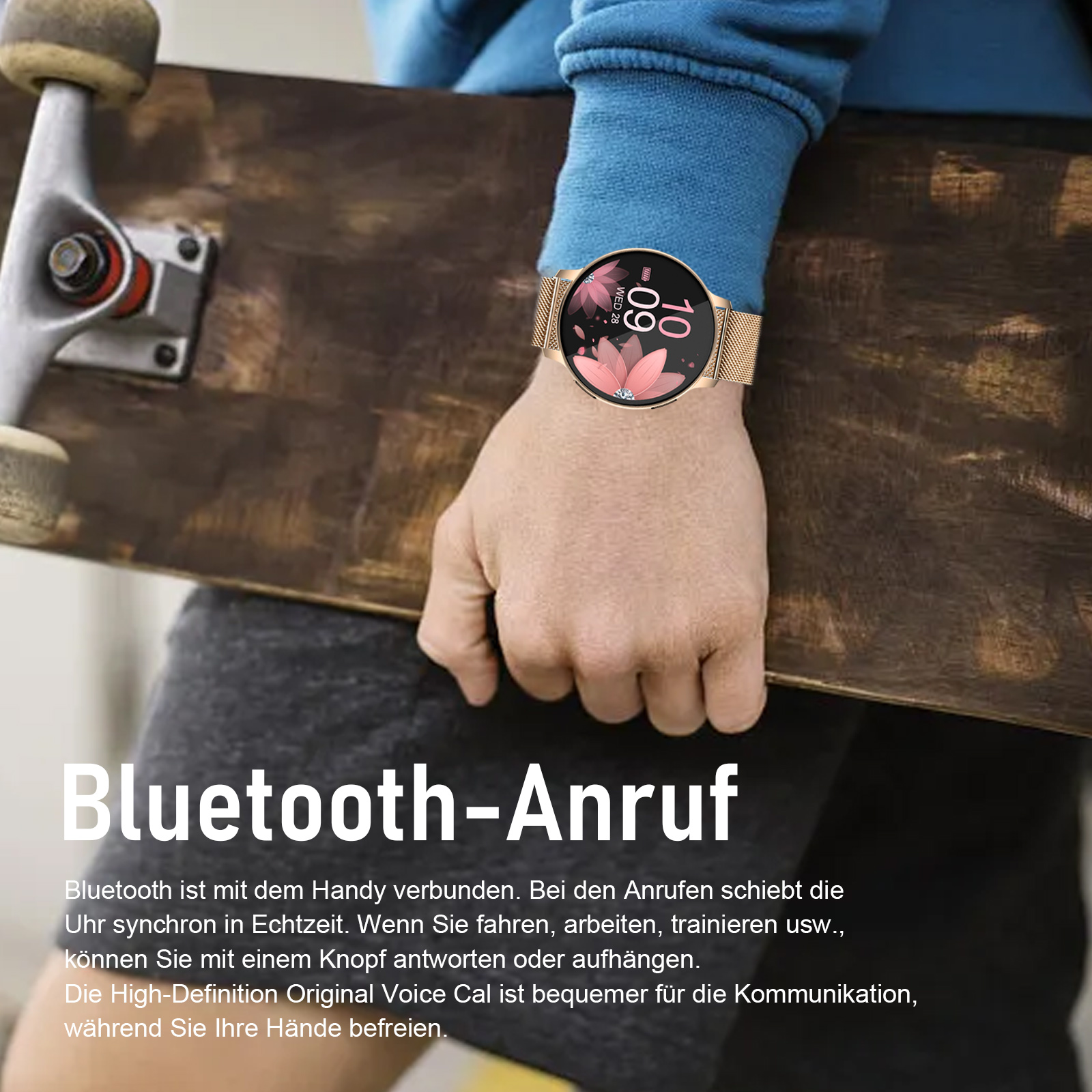 Eine Person mit goldener Smartwatch am Handgelenk und einem Skateboard. Text über Bluetooth-Anruf ist vorhanden.